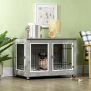 Dog Crate Furniture End Table, Washable Cushion Double Doors, Grey