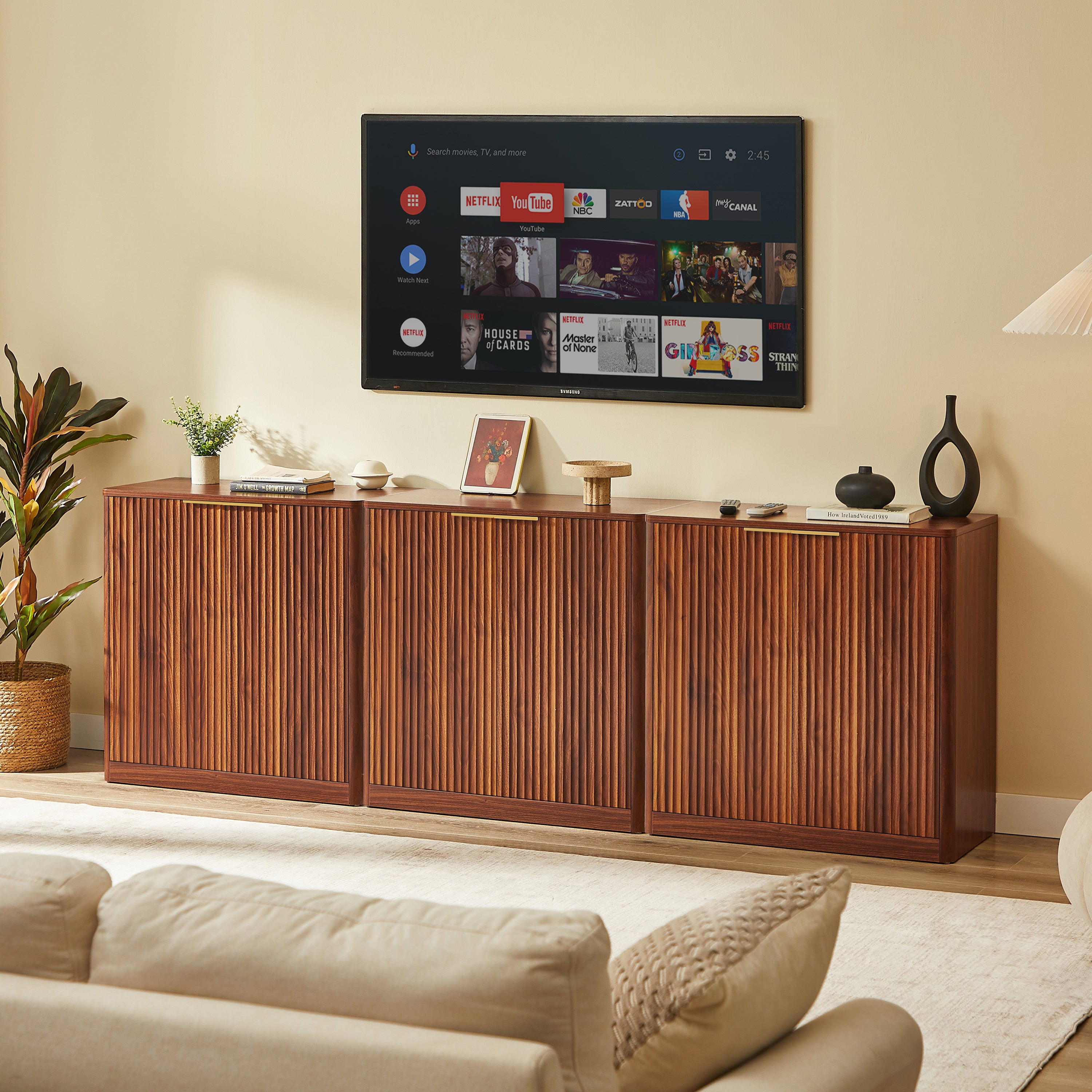 Modern Sideboard Recessed Panels Adjustable Shelves Waterproof Top 120x40x76cm - Brown