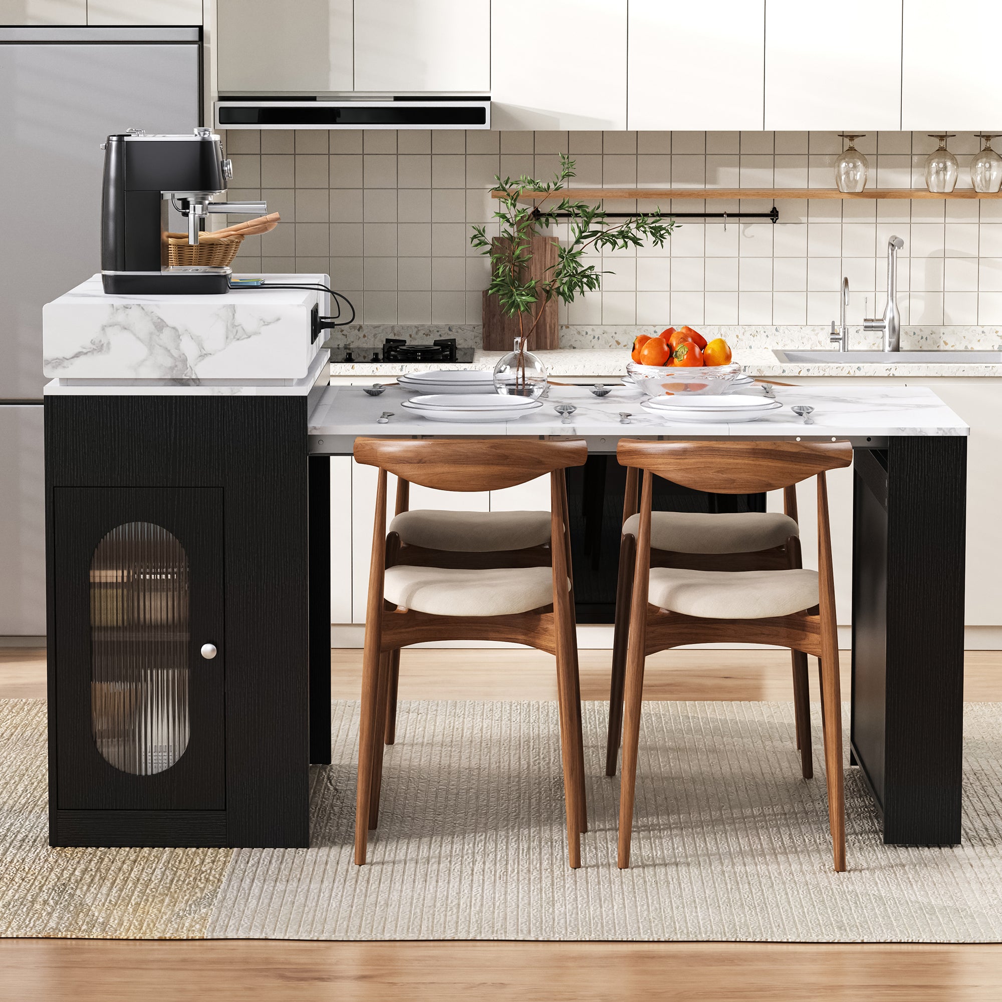 Kitchen Island Mobile Extendable Folding Table Power Strips - Black