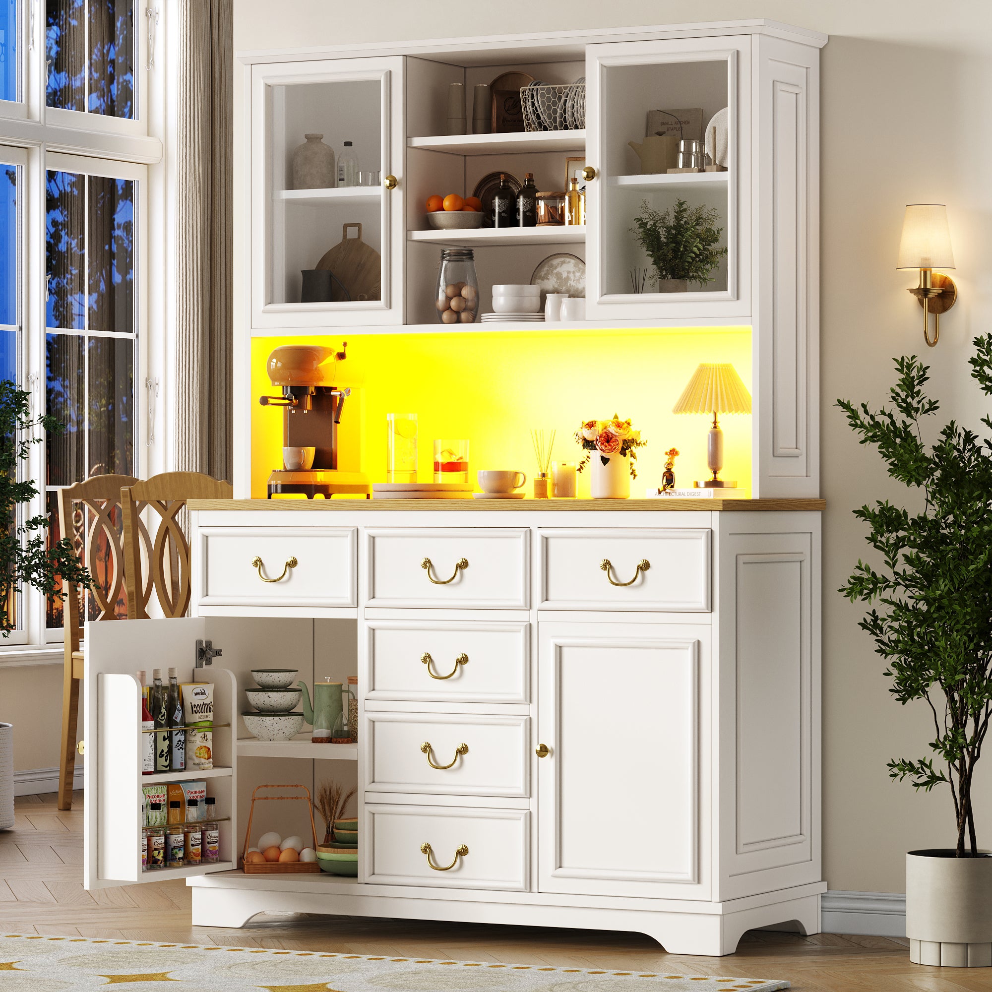 Tall Kitchen Cabinet Sideboard with USB Ports, Sockets and LED Lighting, White