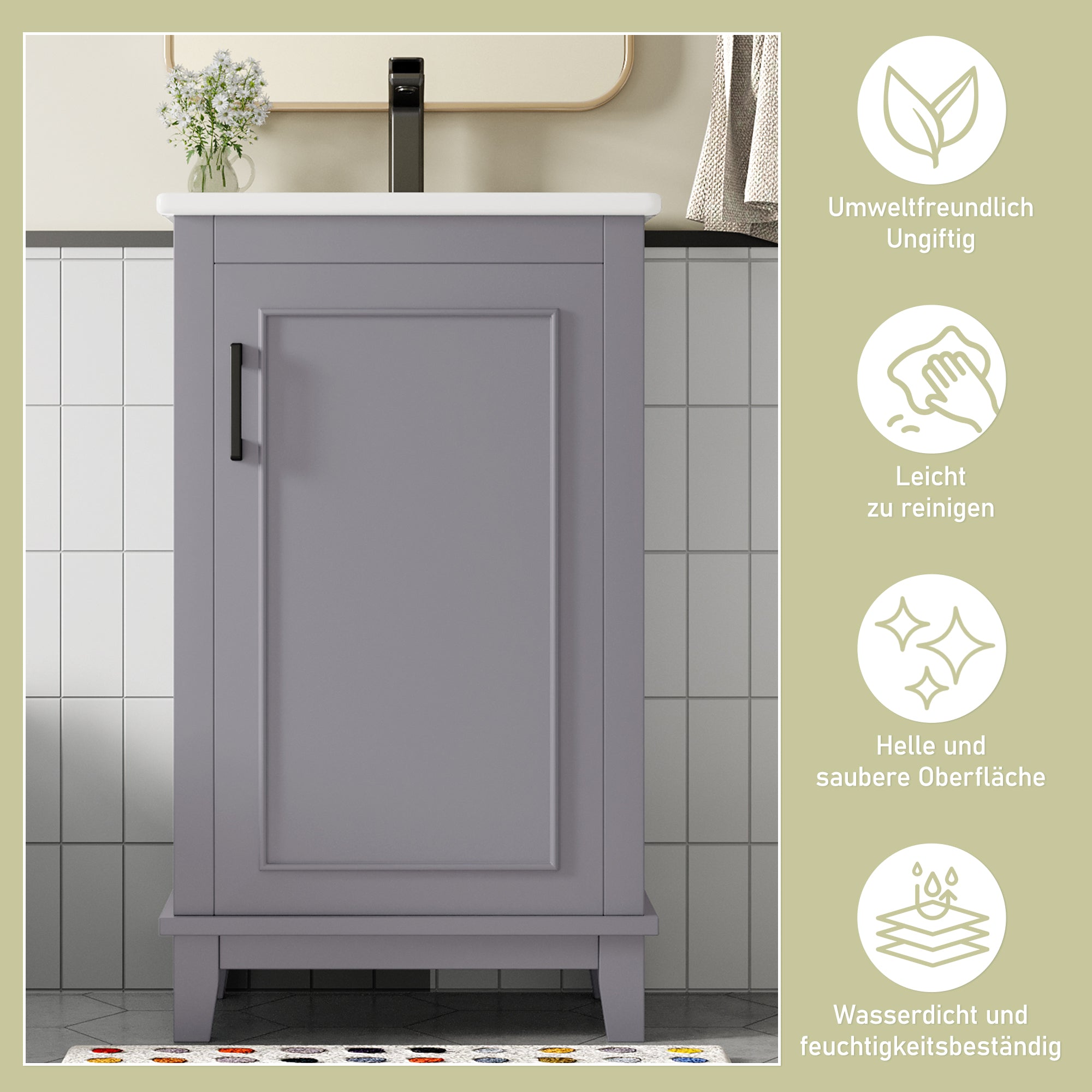 Bathroom Vanity Unit with Ceramic Sink and Adjustable Shelves, Grey