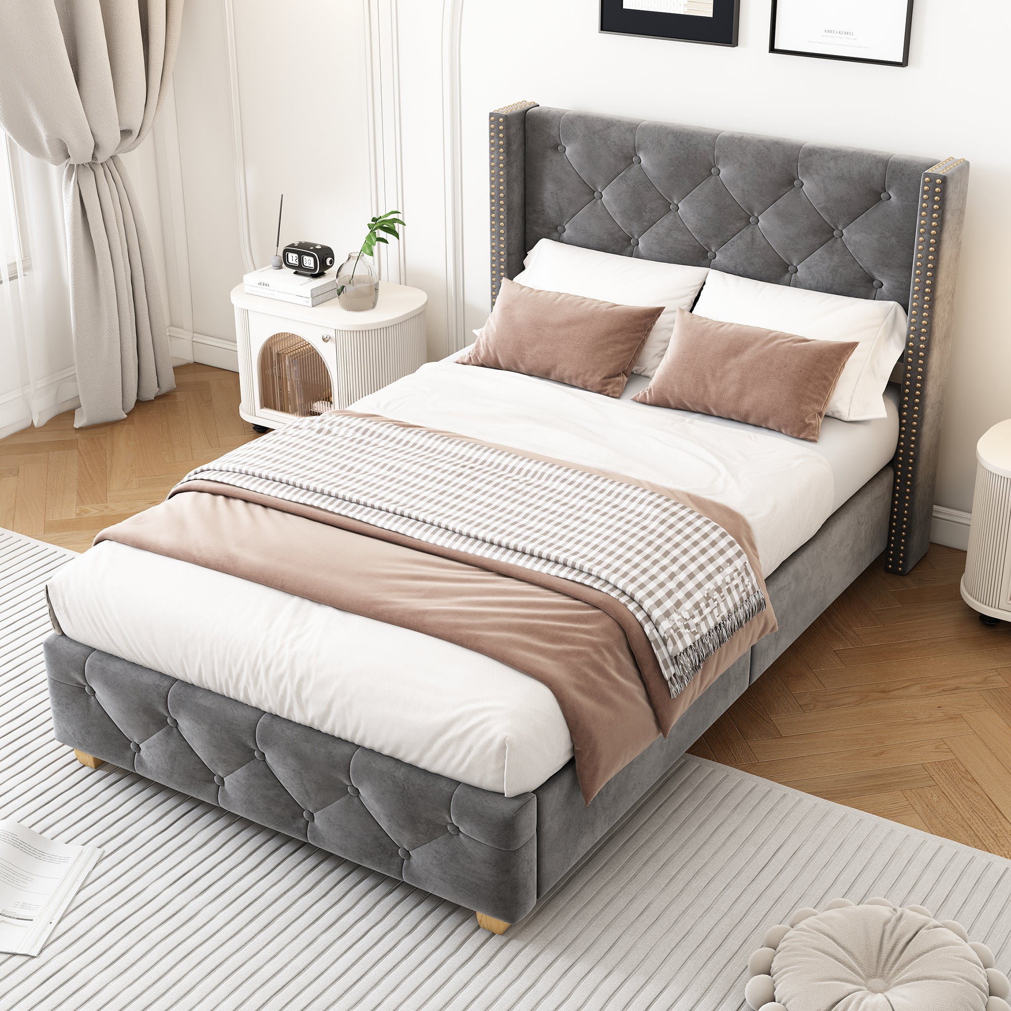 Upholstered Bed 90x200cm Headboard Button Studded Wooden Legs - Velvet Grey