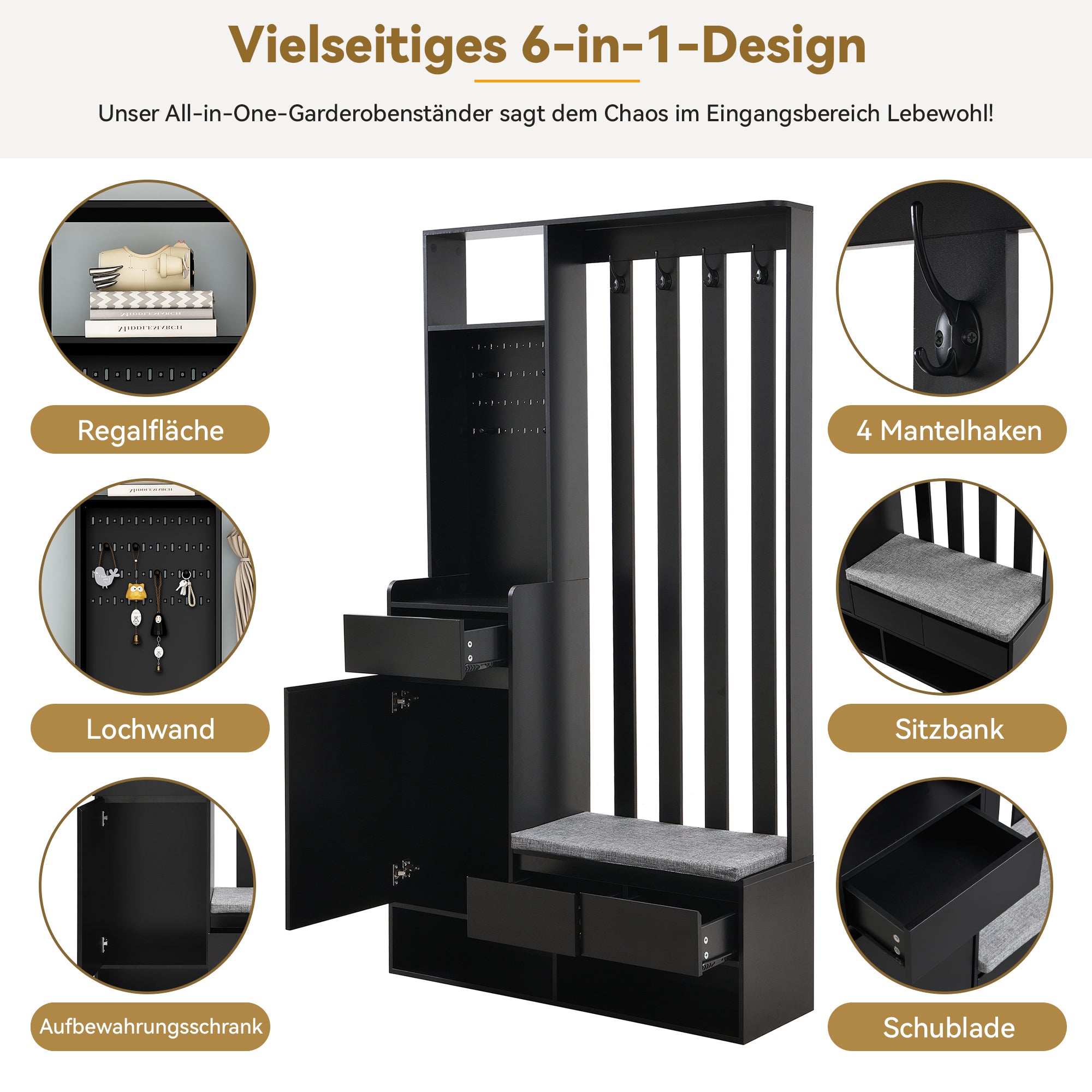 Hallway coat rack with padded storage bench and pegboard, 4 hooks, black