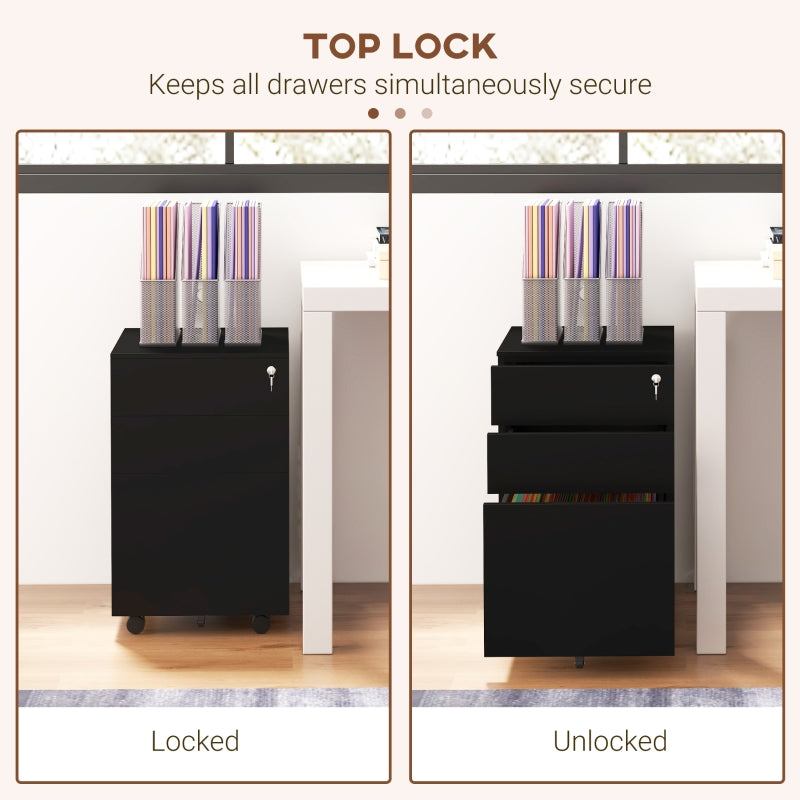 3-Drawer Vertical Filing Cabinet, Mobile with Lock and Wheels, Steel, Black