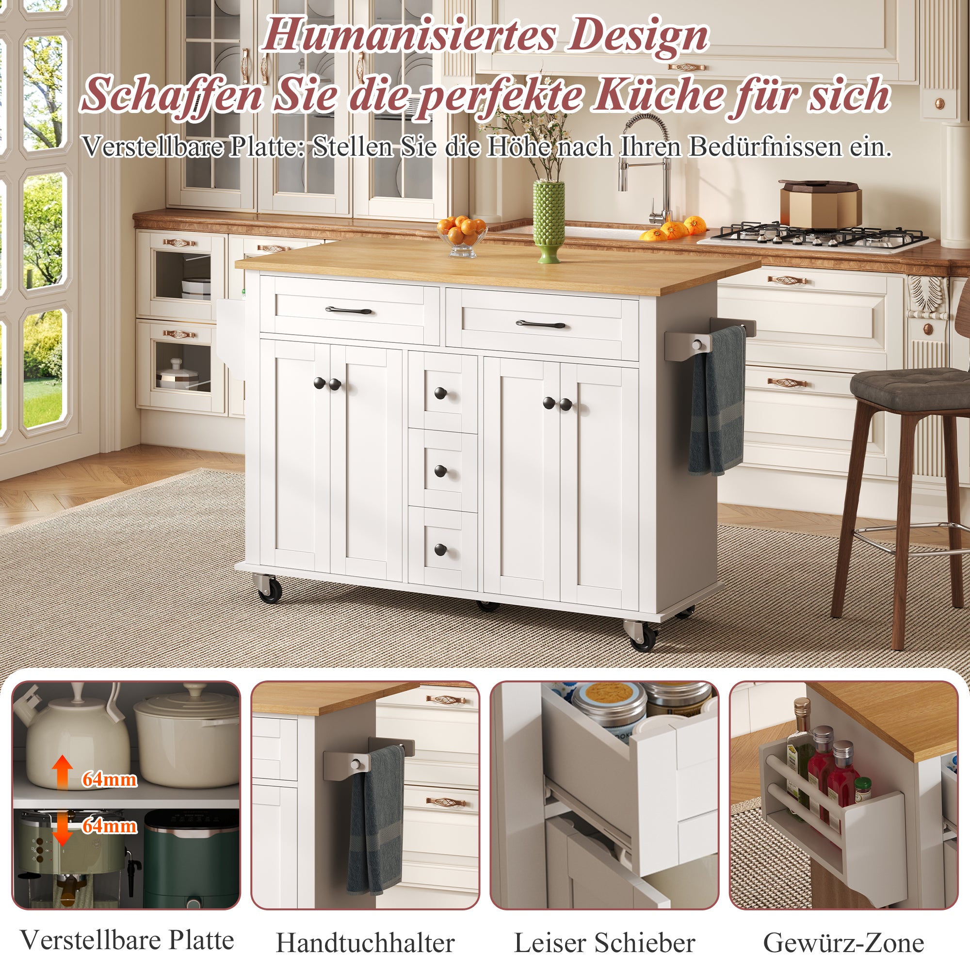 Multifunctional Kitchen Island Extendable Worktop 5 Drawers Storage Racks on Wheels