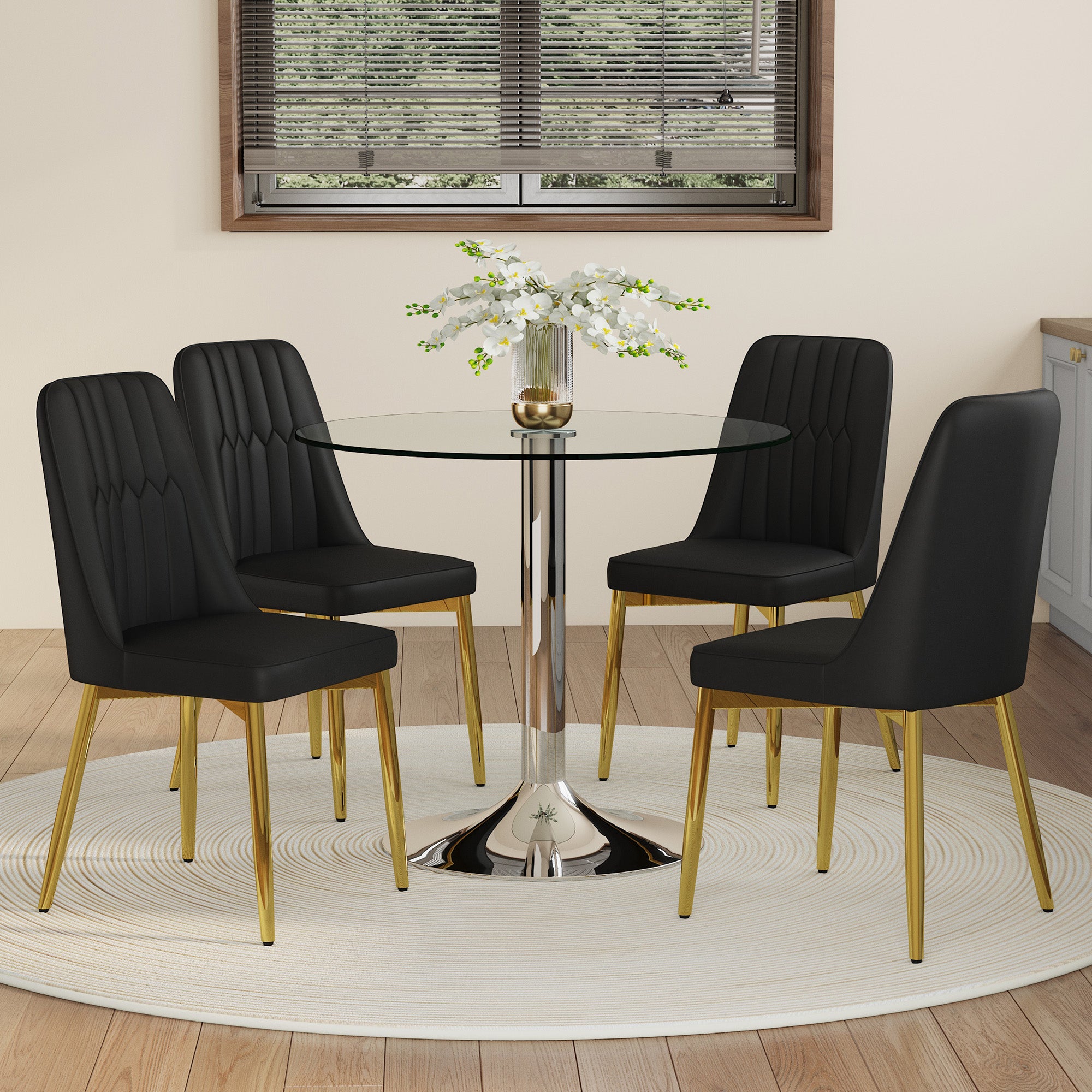 Dining Table Set, Minimalist 85cm Tempered Glass & 4 Chairs, Black PU/Gold Metal