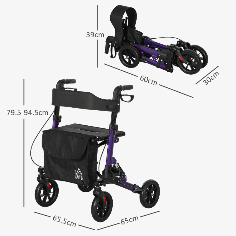 Folding Rollator Walker with Seat, Dual Brakes, Adjustable Height, 4-Wheeled, Purple