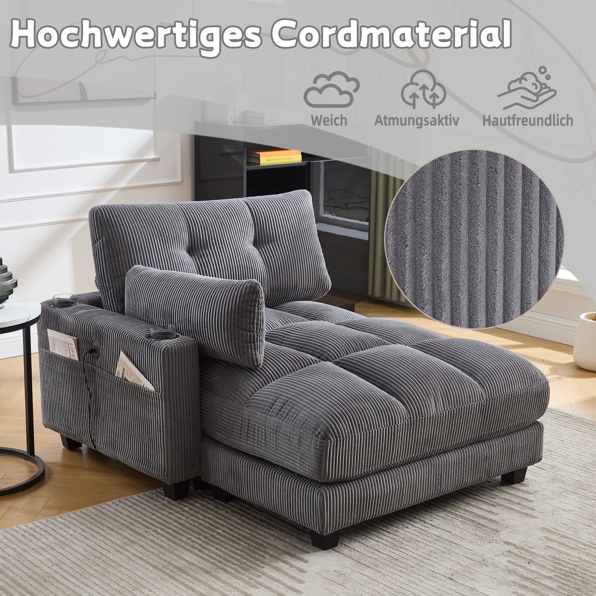 Palm Chair, Fluffy Upholstery, Rolling Cushions, Cup Holders, Side Pocket, Gray