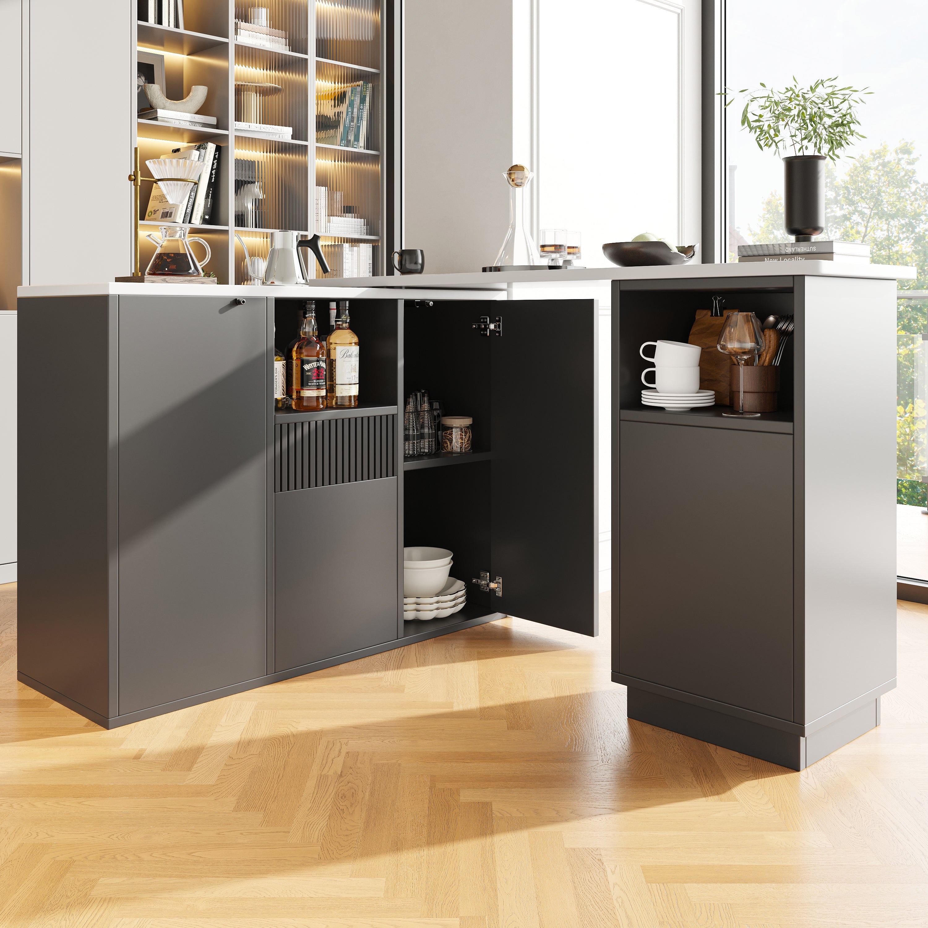 360° Swivelling Bar Table, Modern Design with Open Storage and Marble Worktop, Black