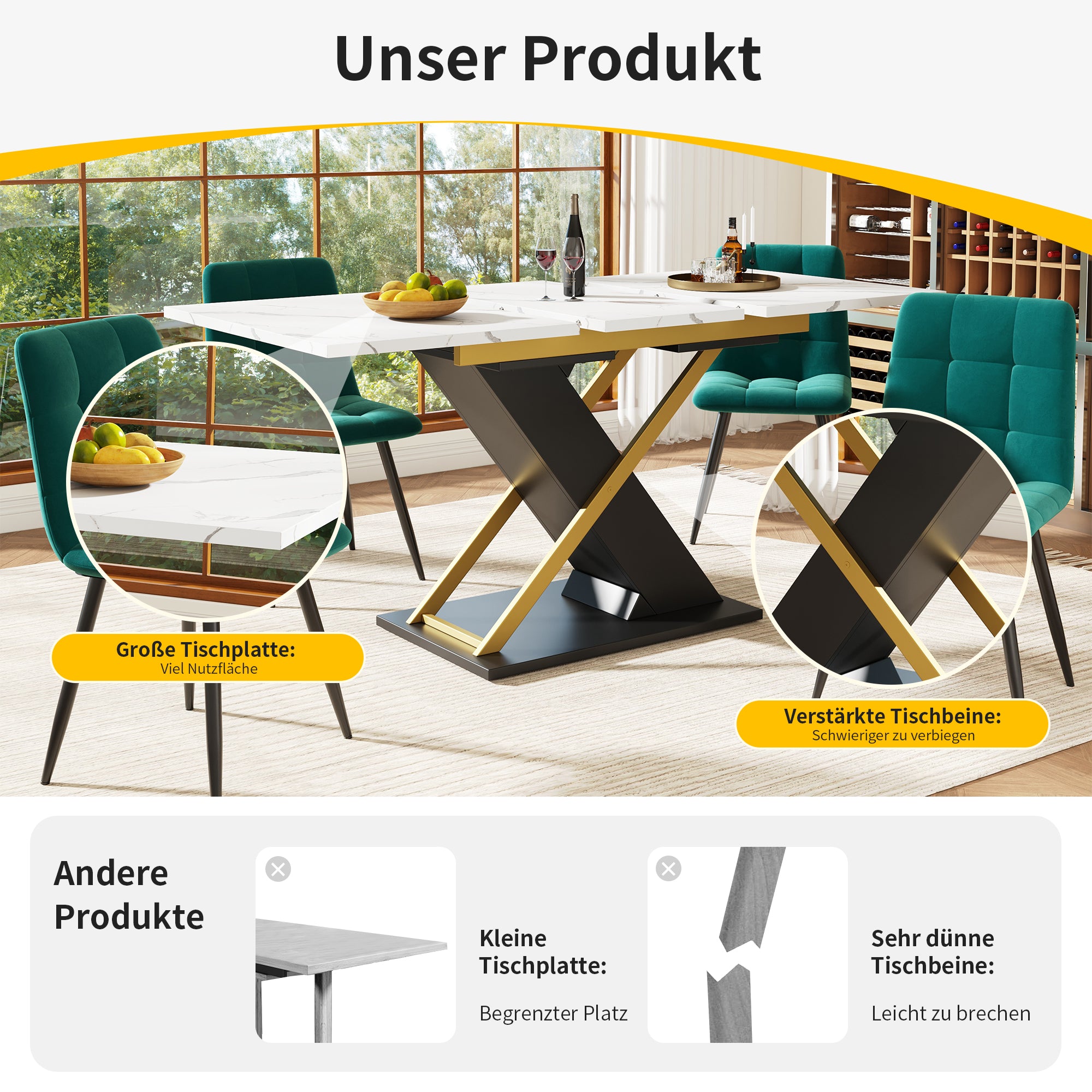 Extendable Dining Table 120-160cm Cross Legs, Golden