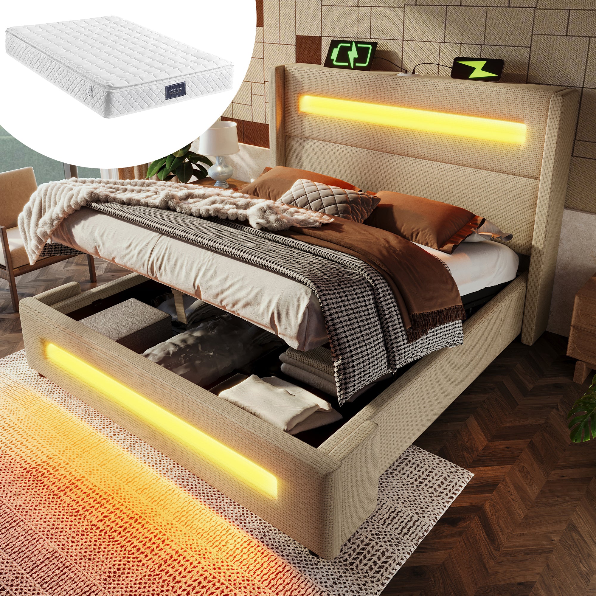 Upholstered Double Bed 140x200cm, LED, Hydraulic Storage, USB-C Charging, Beige Linen with Mattress