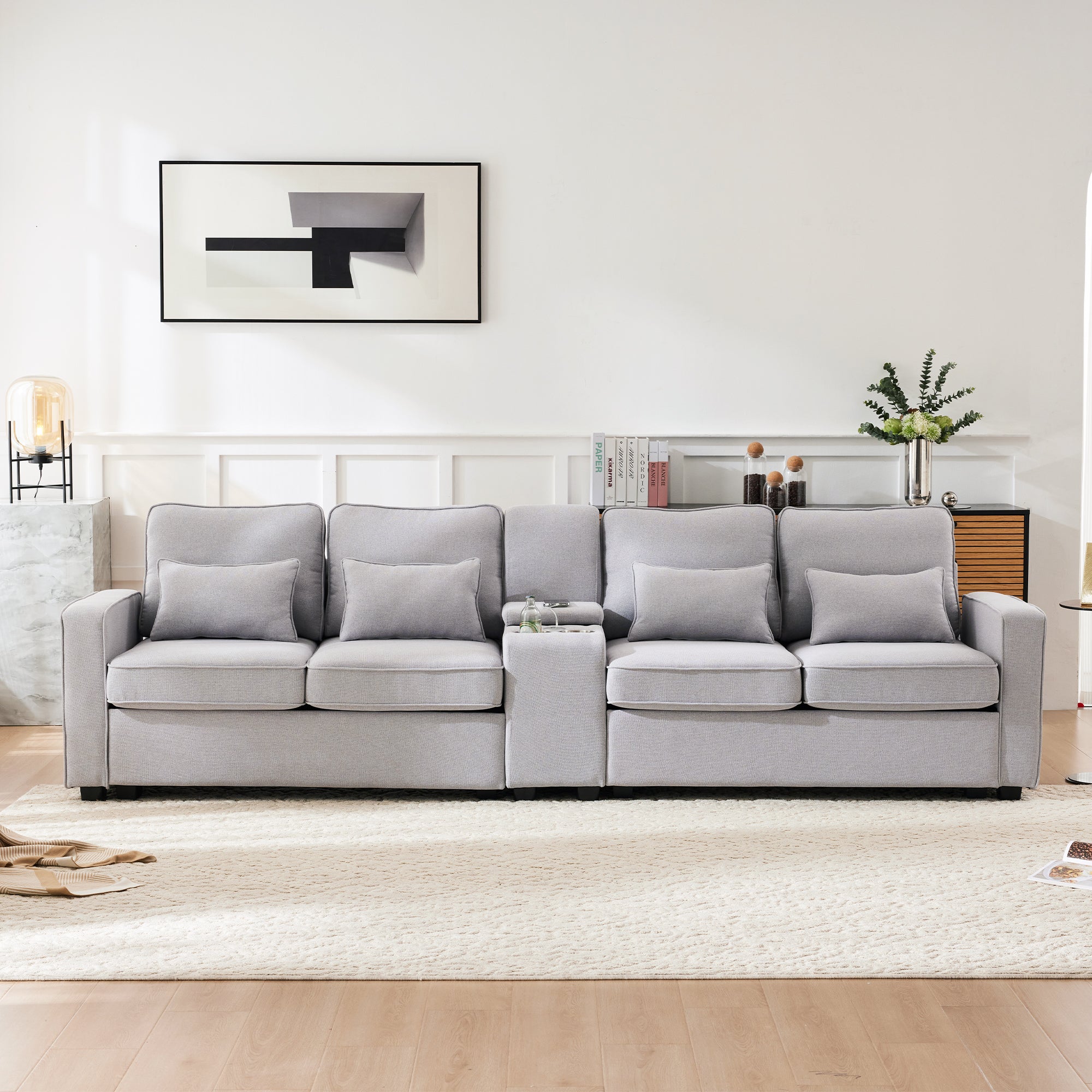 Sofa, 4-Seater with Console, Cupholders, USB, Linen Fabric