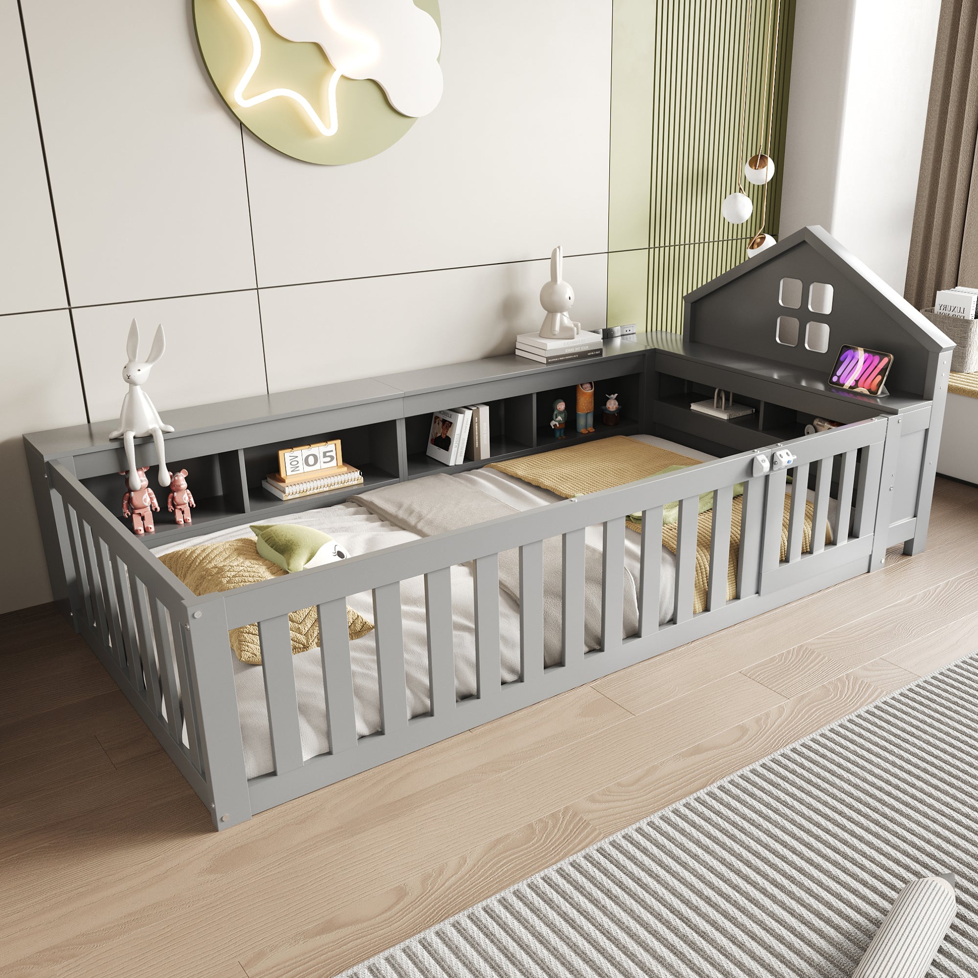 Children's Bed 90x200cm, Roof & Window, Storage, Safety Gate & Door, Solid Wood, Grey