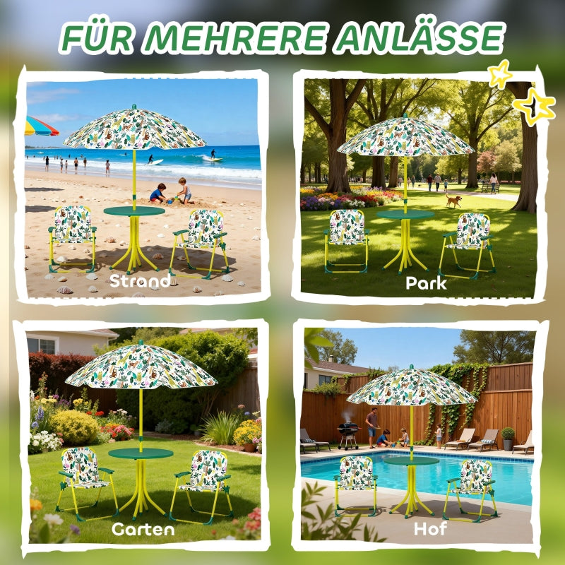 Children's Seating Set 4-piece with Removable Parasol and 2 Folding Chairs Green