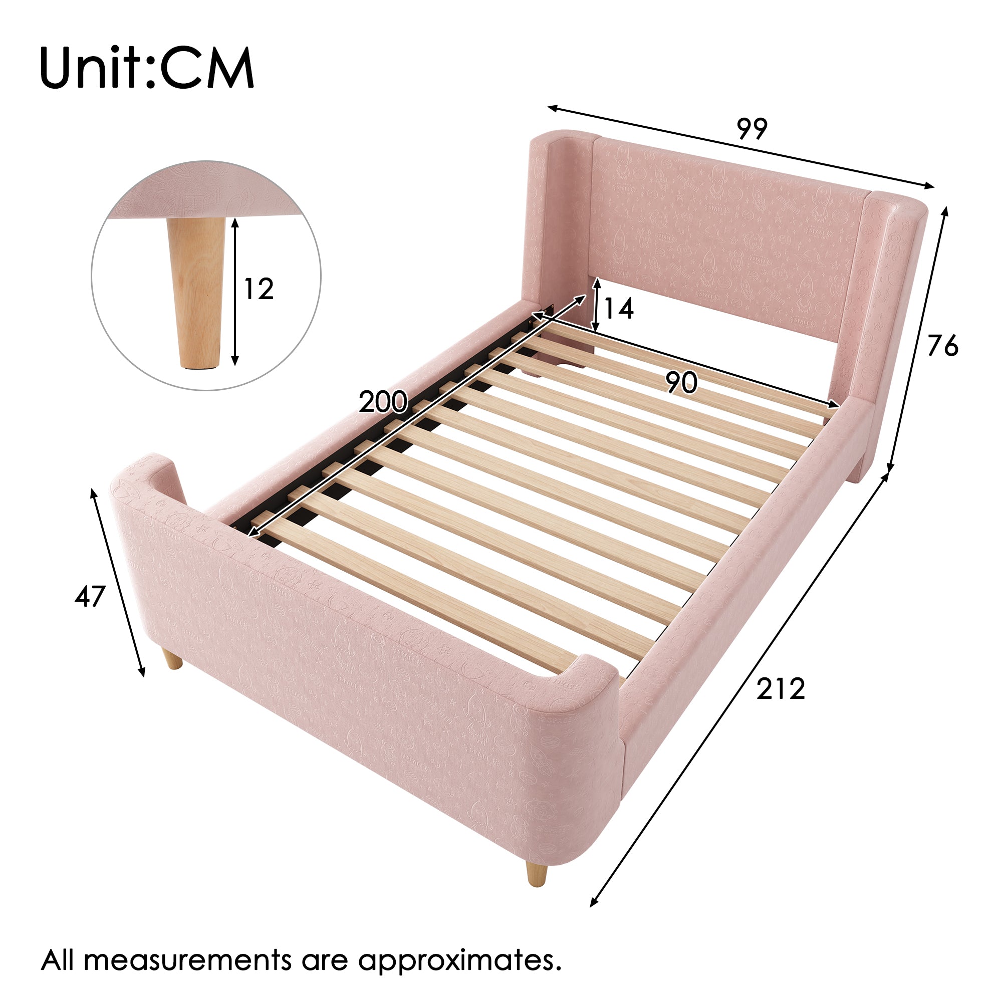 Children's Bed Upholstered Sleigh Bed, Cosmic Pattern, 90x200cm, Pink Velvet