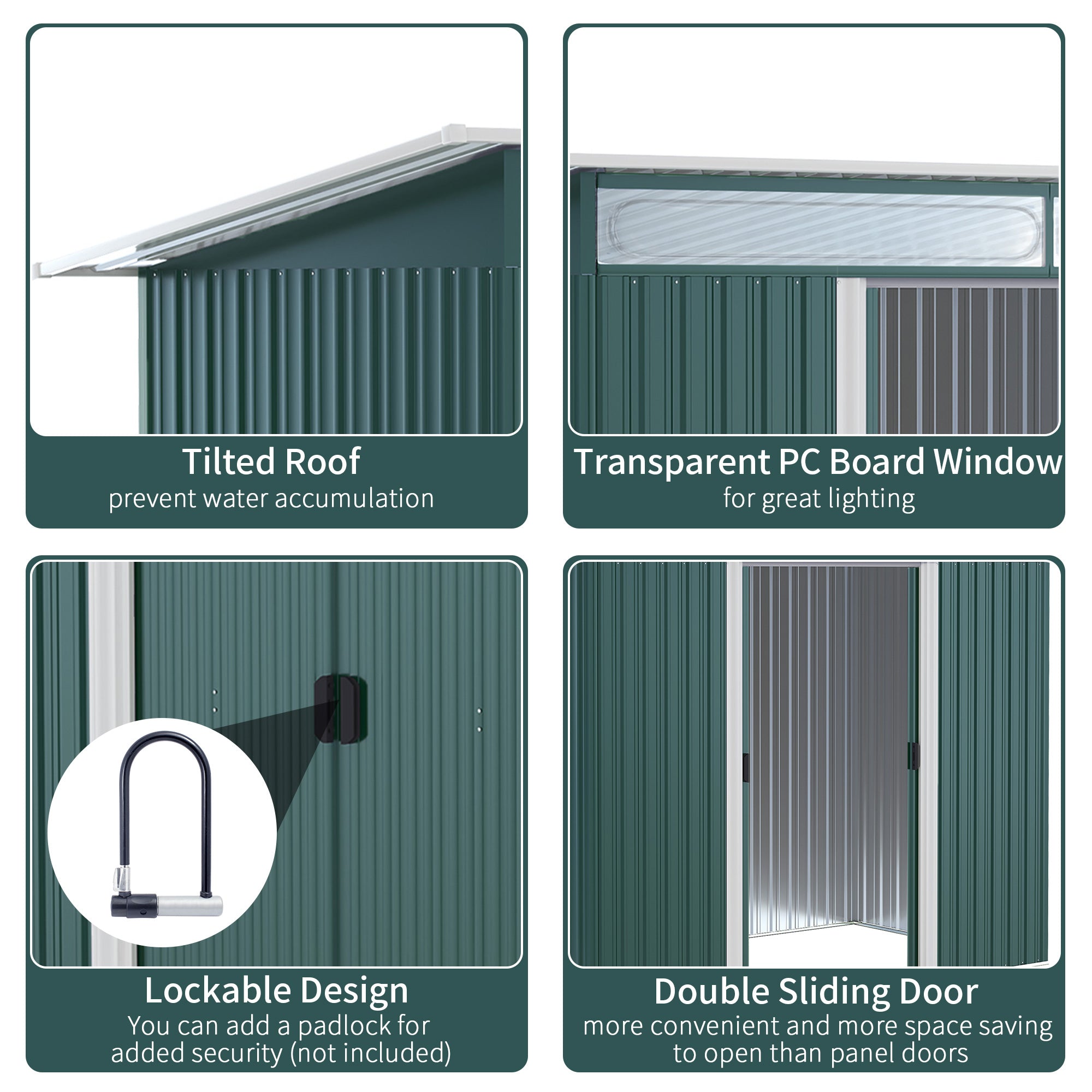 Metal Shed 8.5 x 4ft, Lightsky Panels, Double Doors, Green