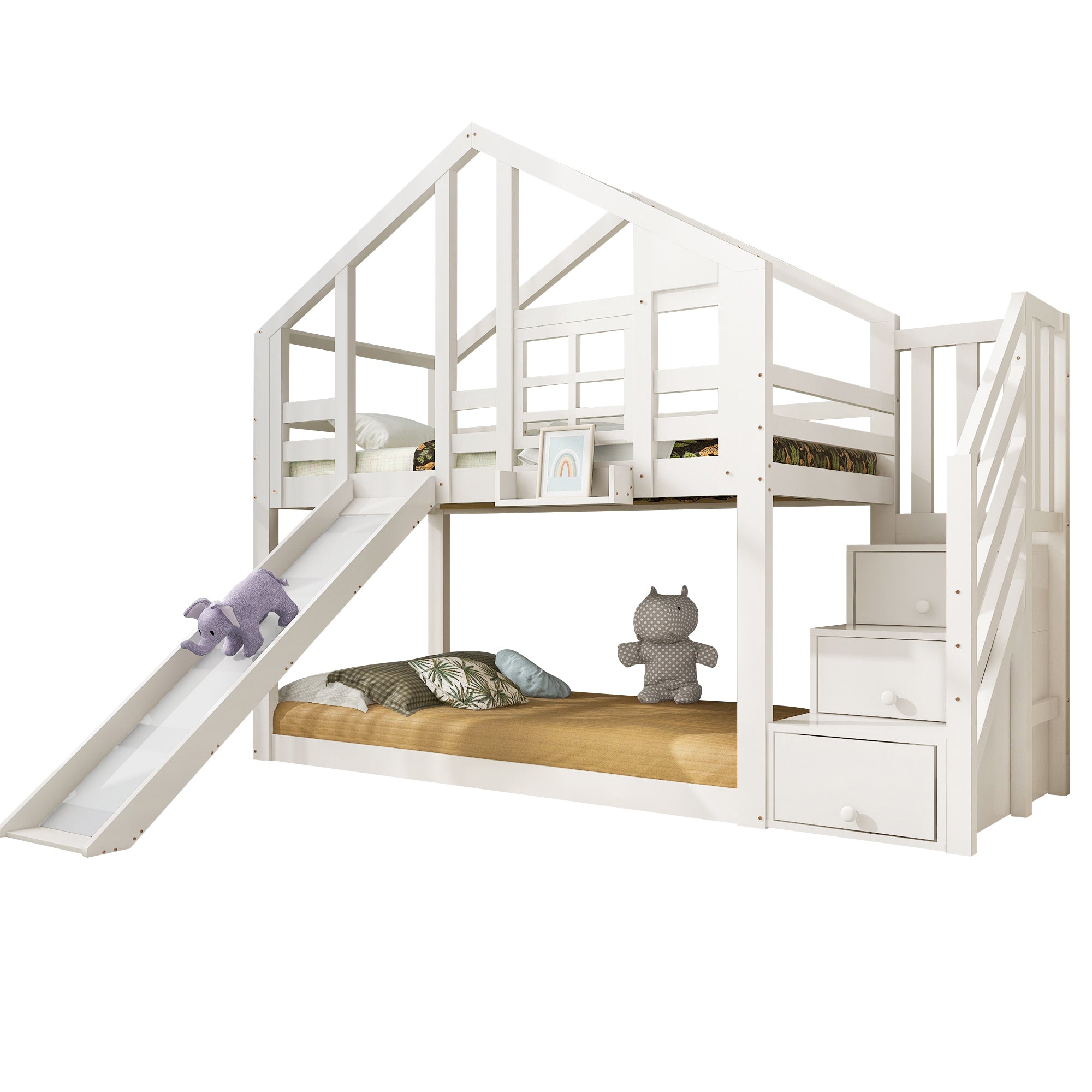 Children's Treehouse Bunk Bed 90x200cm Window Design Slide Fall Protection White