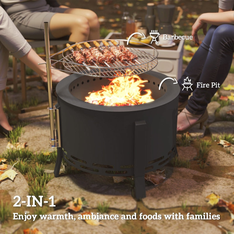 Portable Fire Pit 58cm Round Grill Grate Ash Catcher Poker, Black