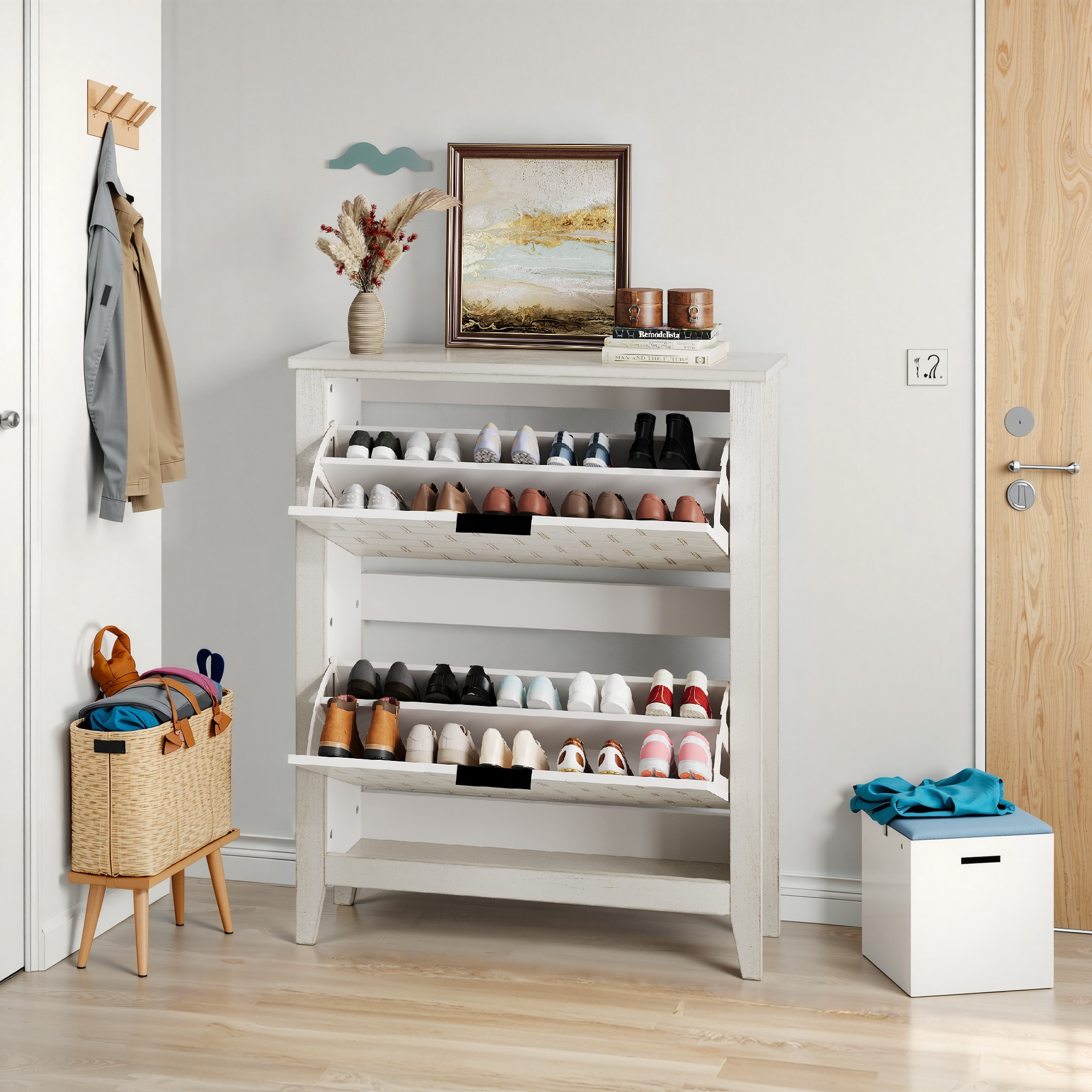 Vintage shoe cabinet, 80 cm, 2 folding drawers, white