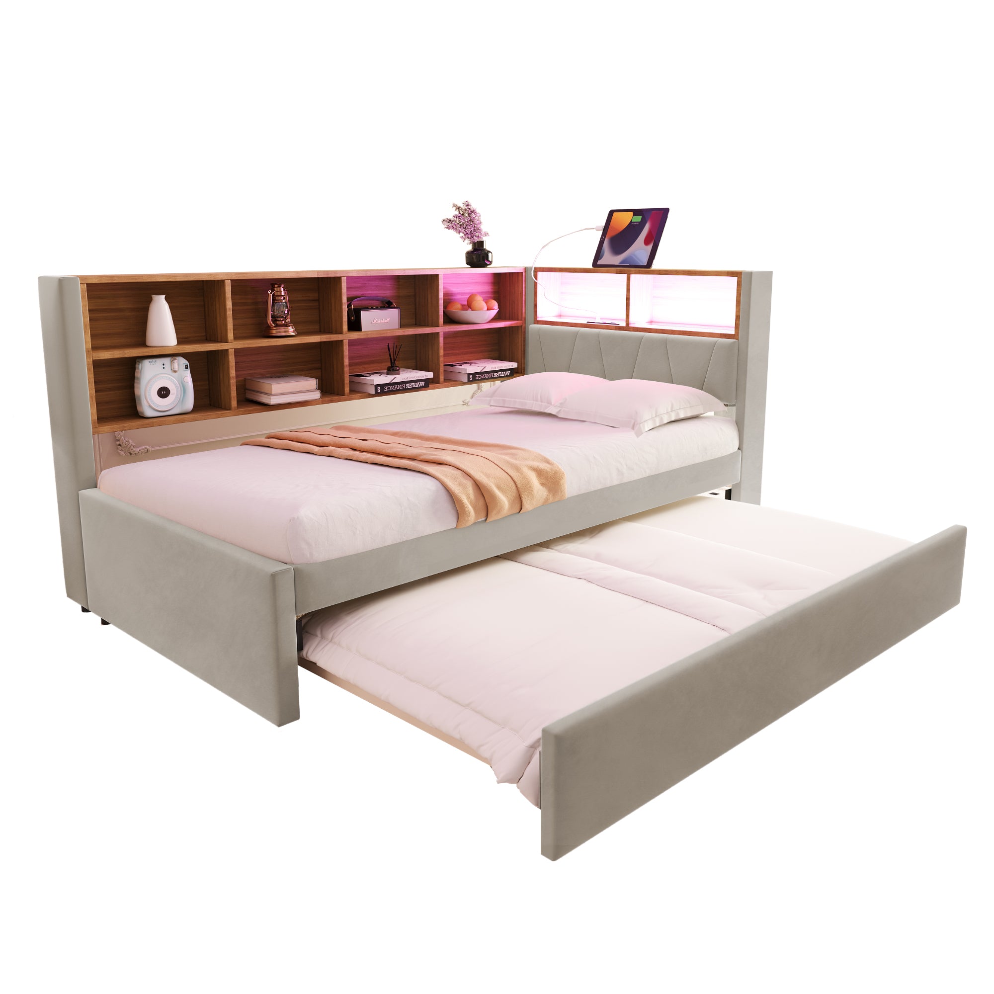 Sofa Bed 90*200, Pull-Out 90*190 with LED Lights, Sockets & Storage, Flannel Light Gray