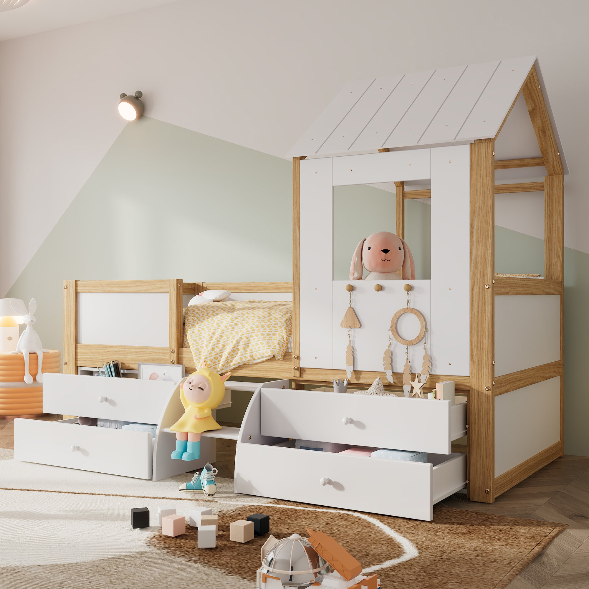 Children's Bed, Half-Height House Bed with 4 Drawers & Stairs, Pine+MDF+Plywood, White+Natural, 90x200cm