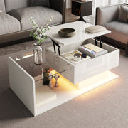 Coffee Table with Glass, LED Effect, and Lift-Top, High-Gloss White