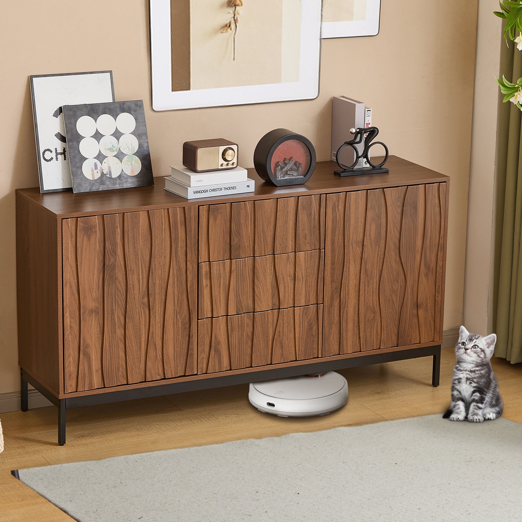 Sideboard 150cm with 3 Drawers and One-Piece Cutout, Dark Grained Oak