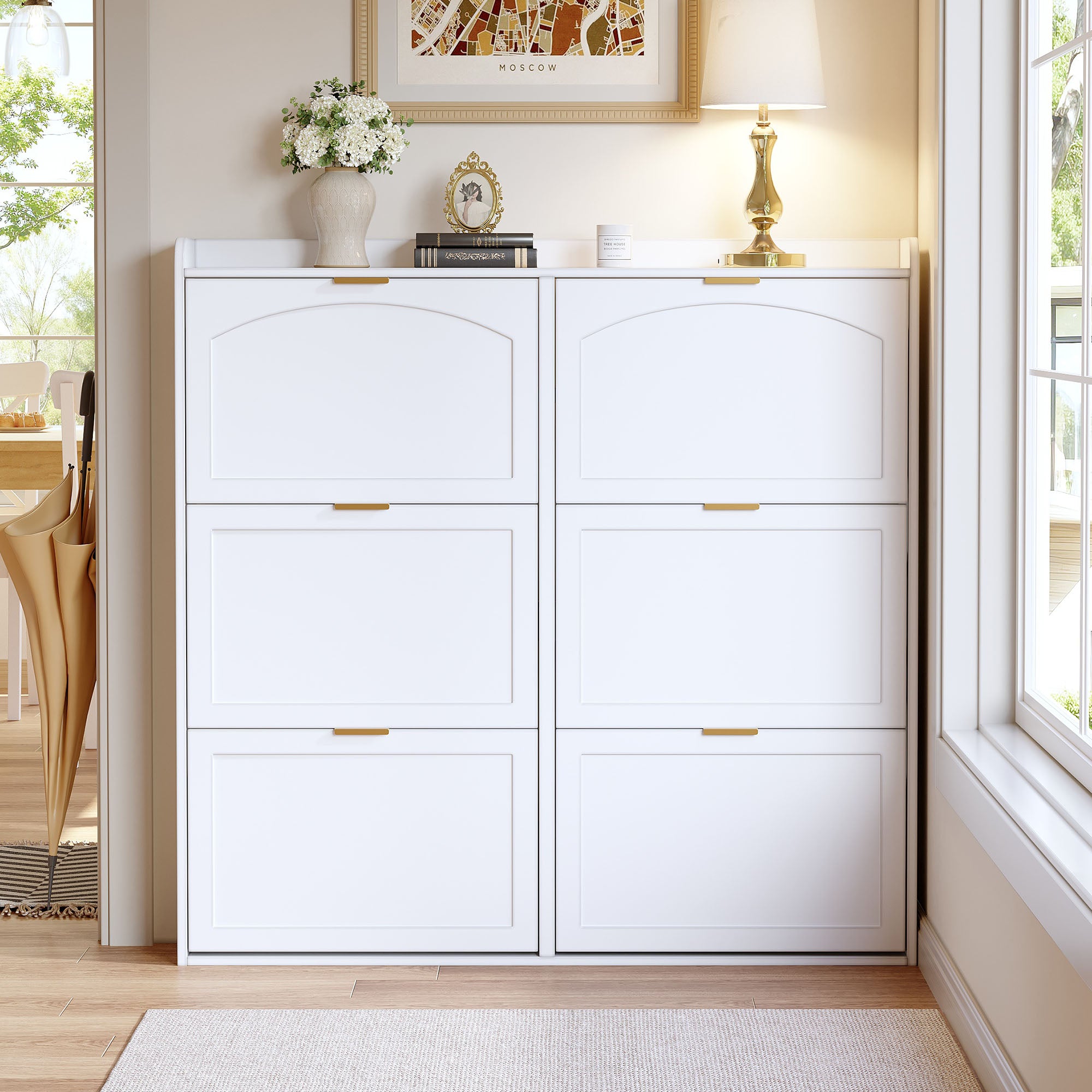 Space-Saving Tall Shoe Cabinet 6 Drop-Down Compartments Freestanding White