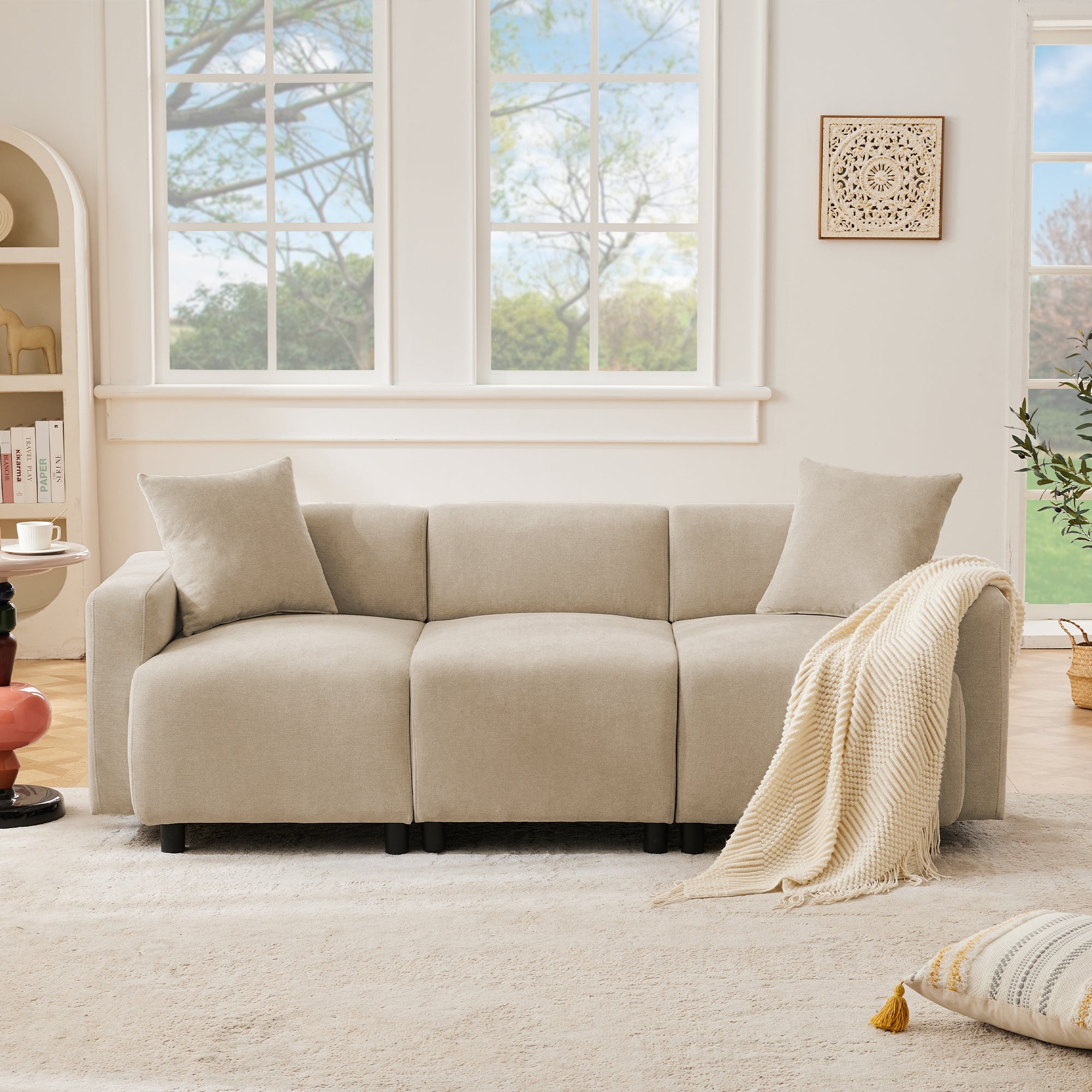 Sofa, 3-Seater Modern Upholstered with Decorative Cushions