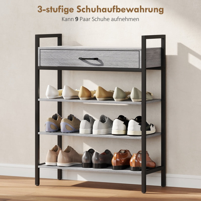 Shoe Rack 4-Tier, 9 Pairs, Chipboard Metal, Grey