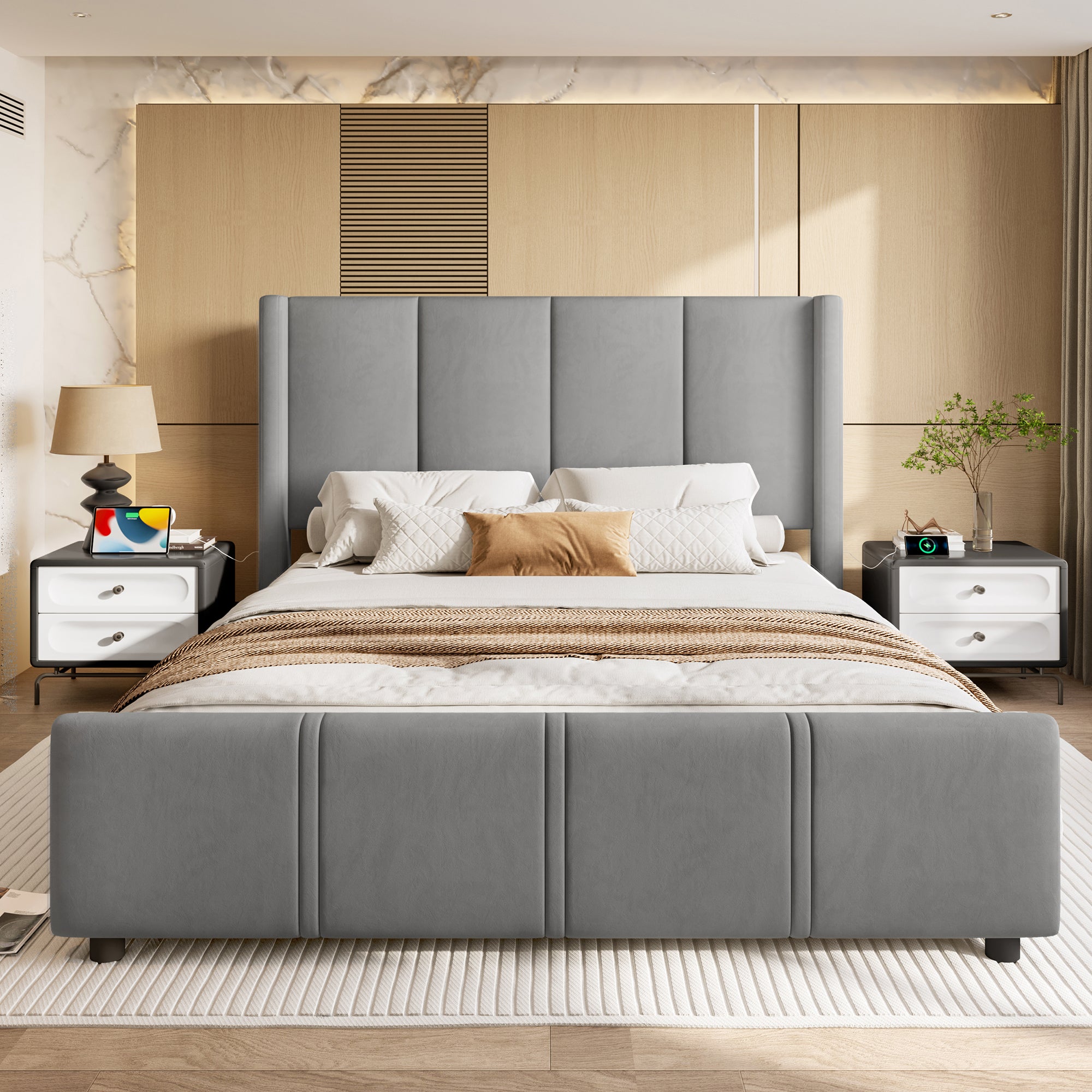 Upholstered Bed Frame, 140x190cm High Headboard & Footboard with USB Port, Grey