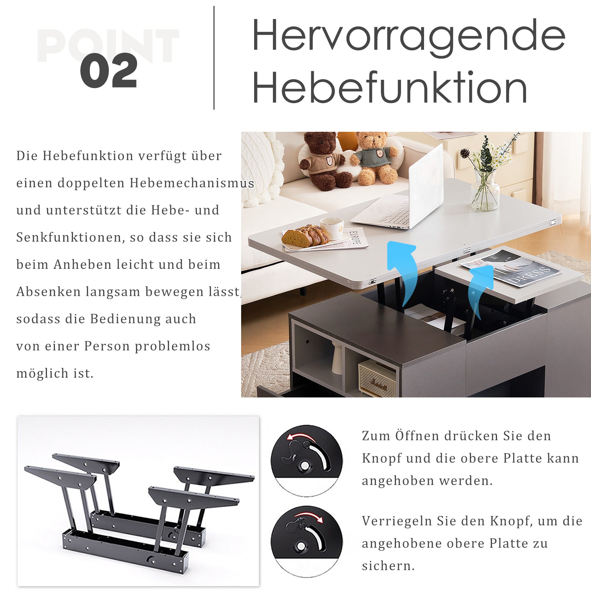 Liftable Multifunctional Coffee Table Opens to 2 Tables Large Capacity - Dark Grey/Light Grey