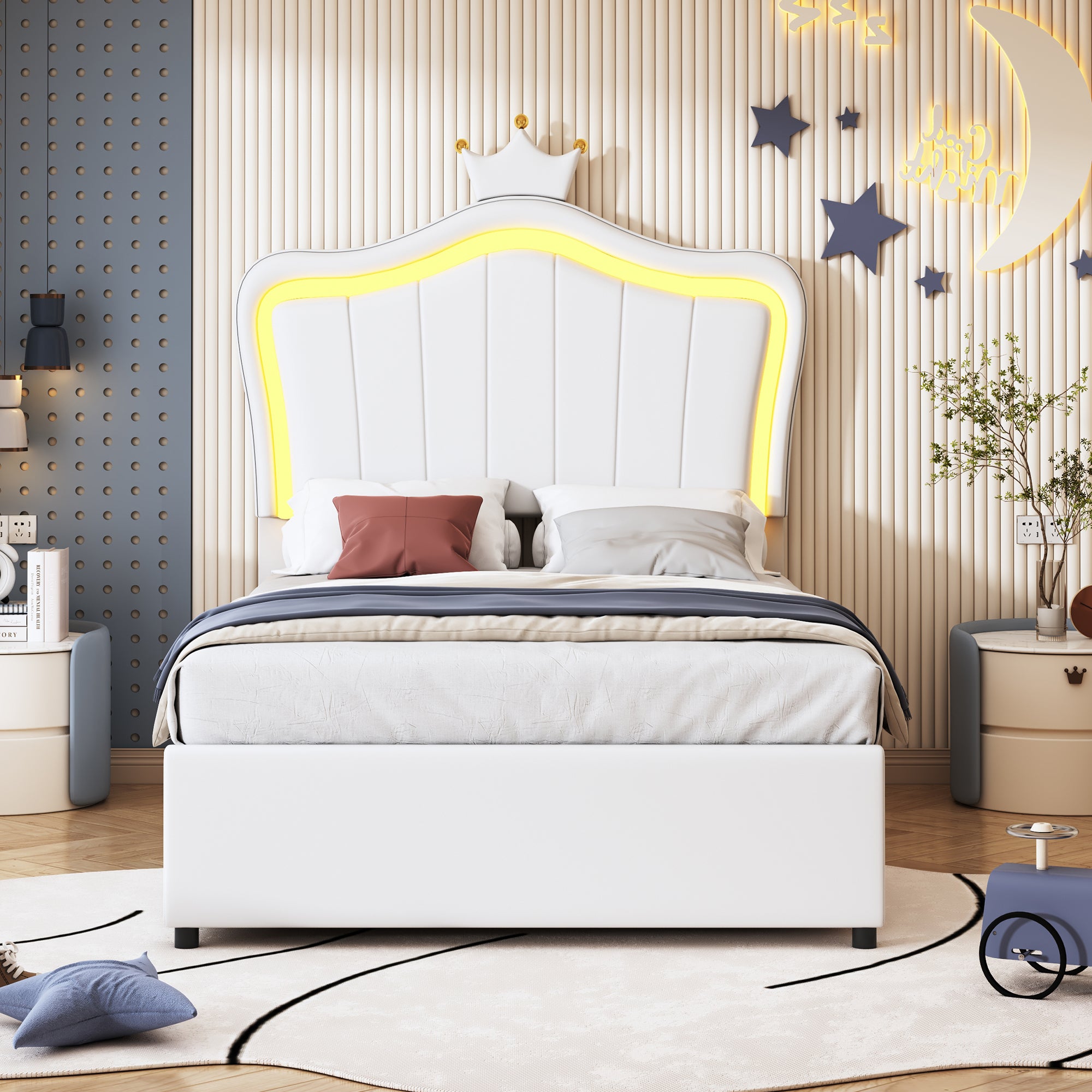 Upholstered Children's Bed 90x200 cm, Crown Design, LED Lighting, Hydraulic Storage, White Artificial Leather