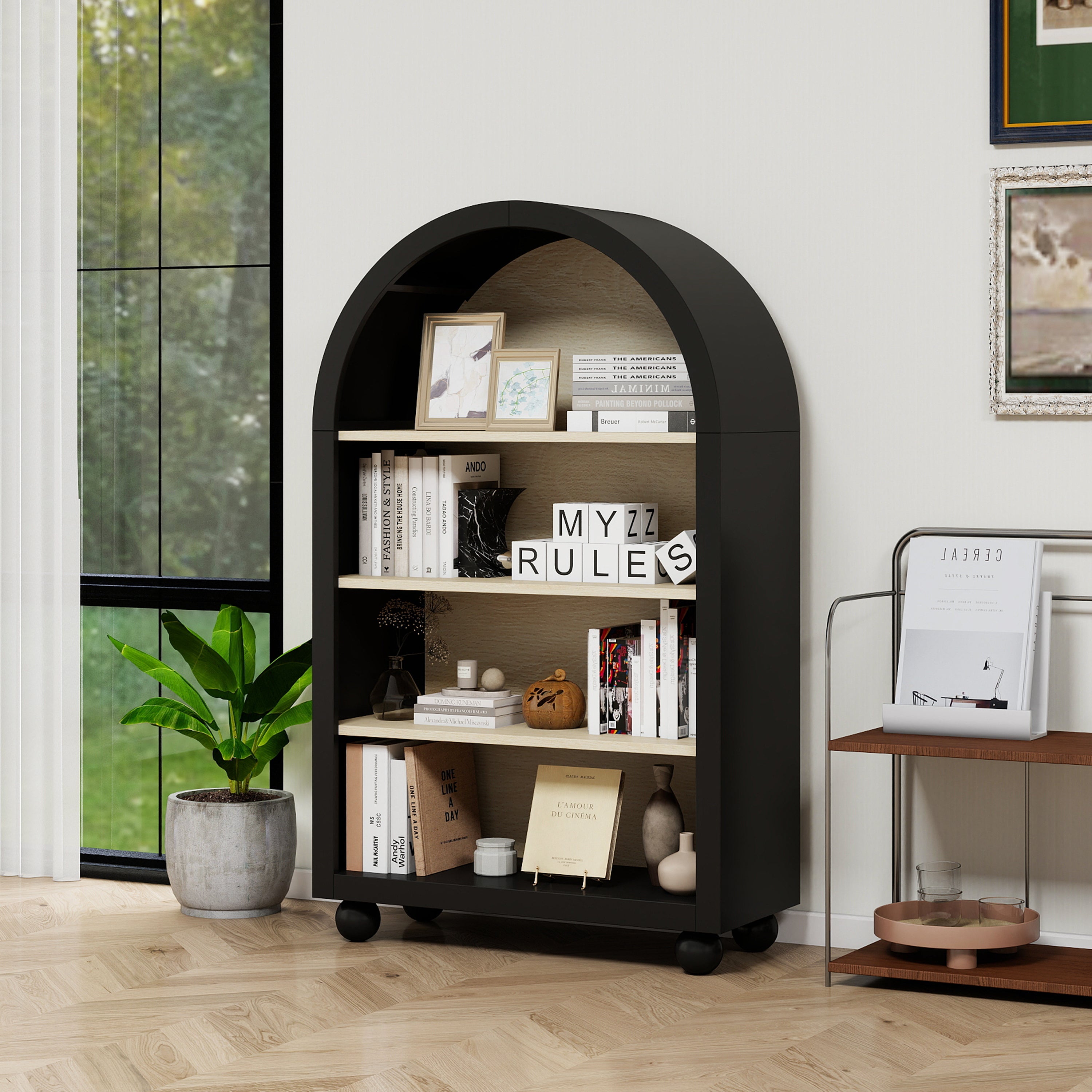 Black arched bookcase, 120cm high, four tiers, modern design