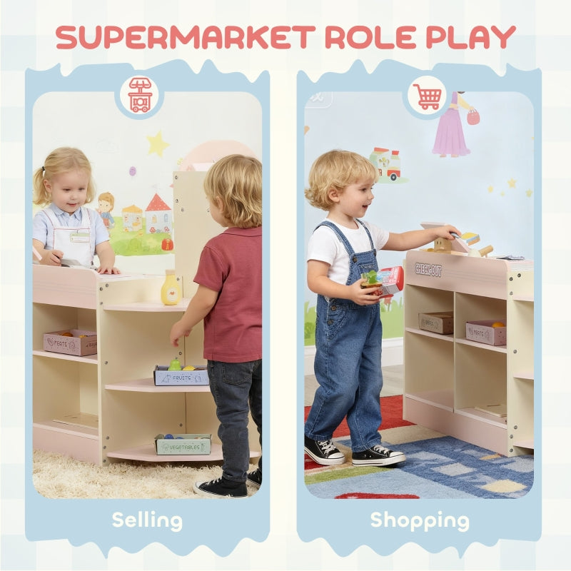 Kids Grocery Store Playset with Cash Register, Vending Machine, and Display Shelves, Pink MDF