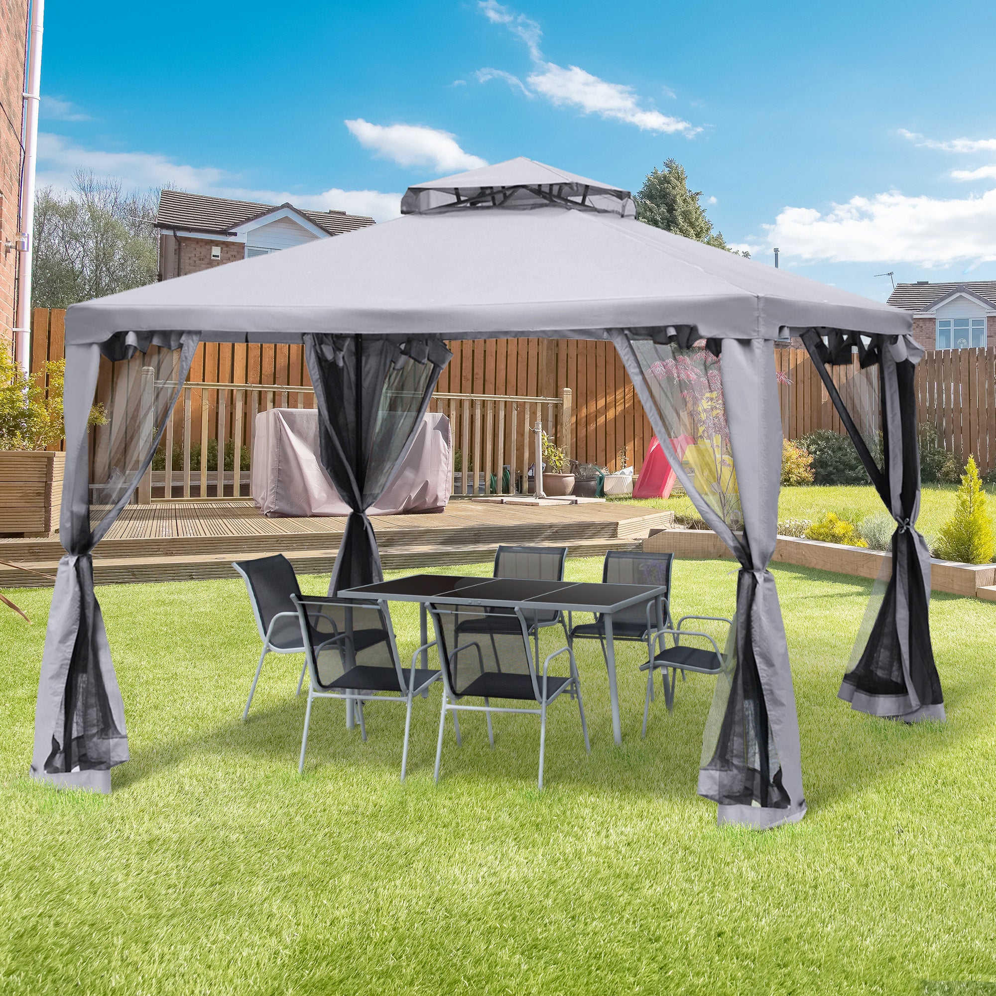 Metal Gazebo 3 x 3 m Double Roof Outdoor Canopy with Mesh Sidewalls, Grey