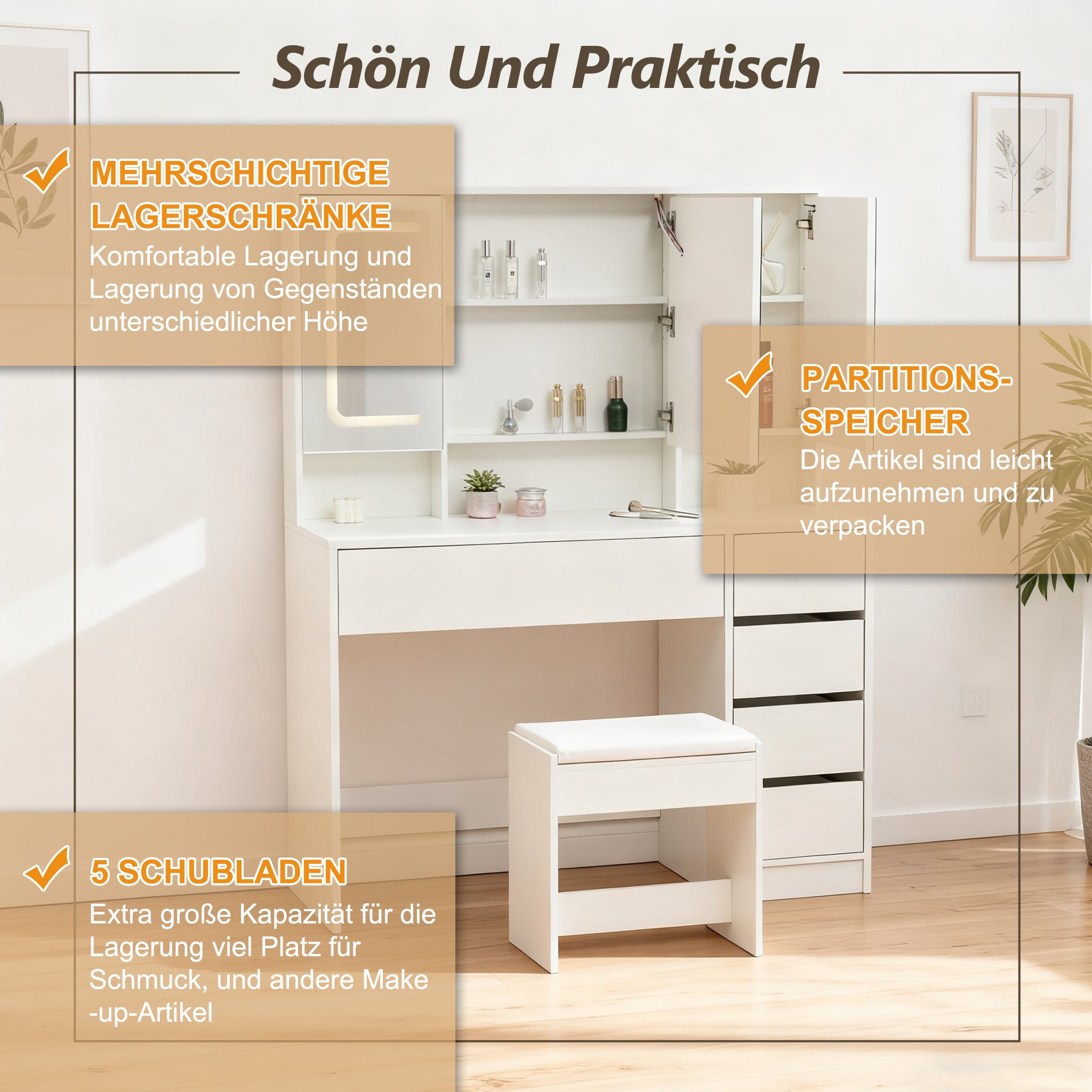 Dressing Table Vanity Set with Stool, Lighting, Mirror, White