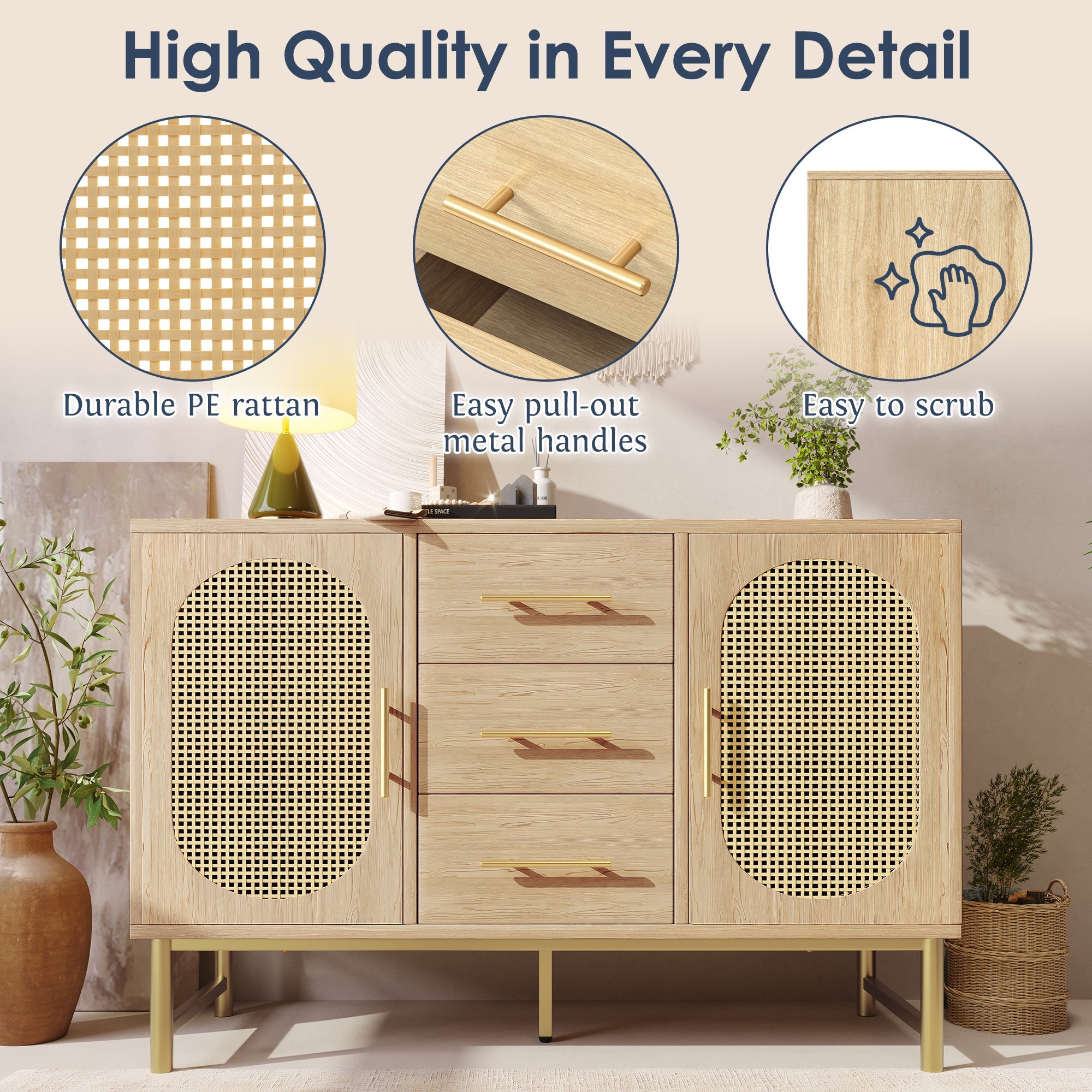 Rattan Sideboard Storage Cabinet with 2 Doors & 3 Drawers, Metal Handles, Adjustable Shelves, Oak