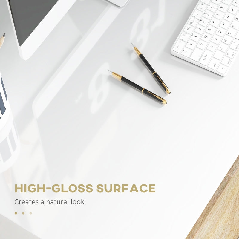 Computer Table, 90 x 50cm Modern Office Desk with Storage Shelf, High Gloss White