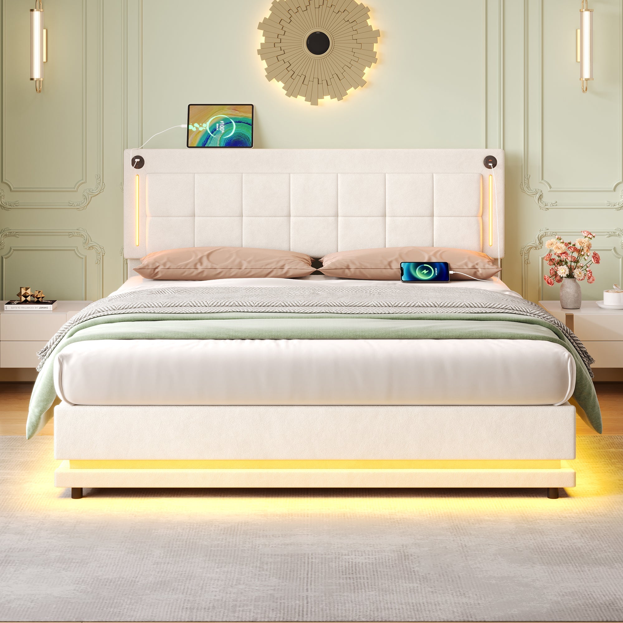 5ft King LED Hydraulic Bed with Charging Station, Adjustable Square Tufted Headboard with Intelligent Control Light, Soft Velvet Bed Frame with USB and Type-C Ports, Beige