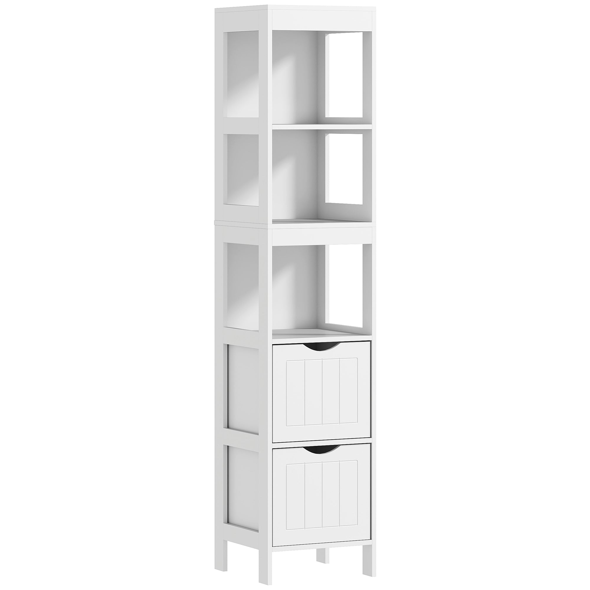 Slim Bathroom Cabinet, Tall with 2 Drawers, 3 Open Compartments, White
