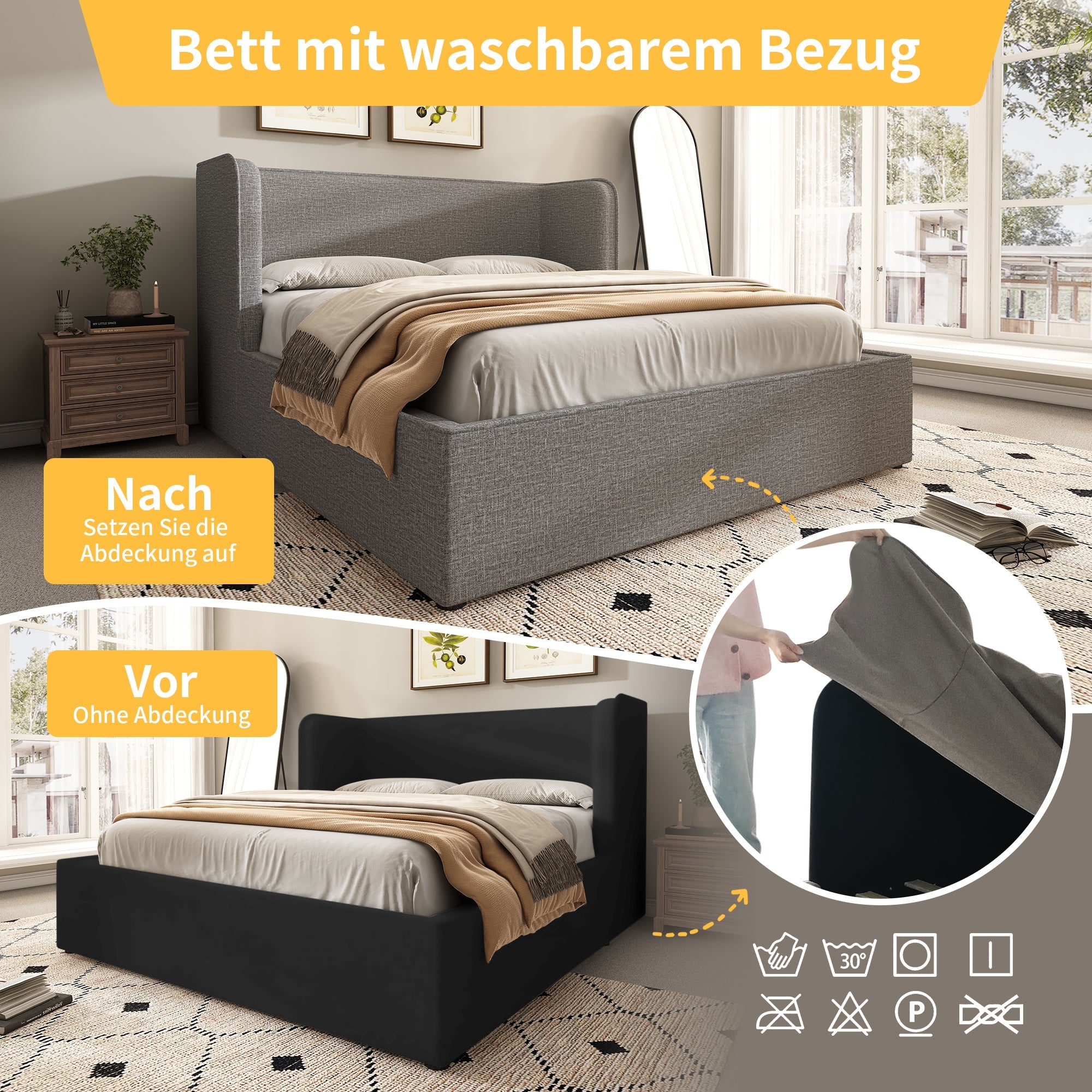 Upholstered Double Bed 160x200 with Hydraulic Storage Space, Grey Linen