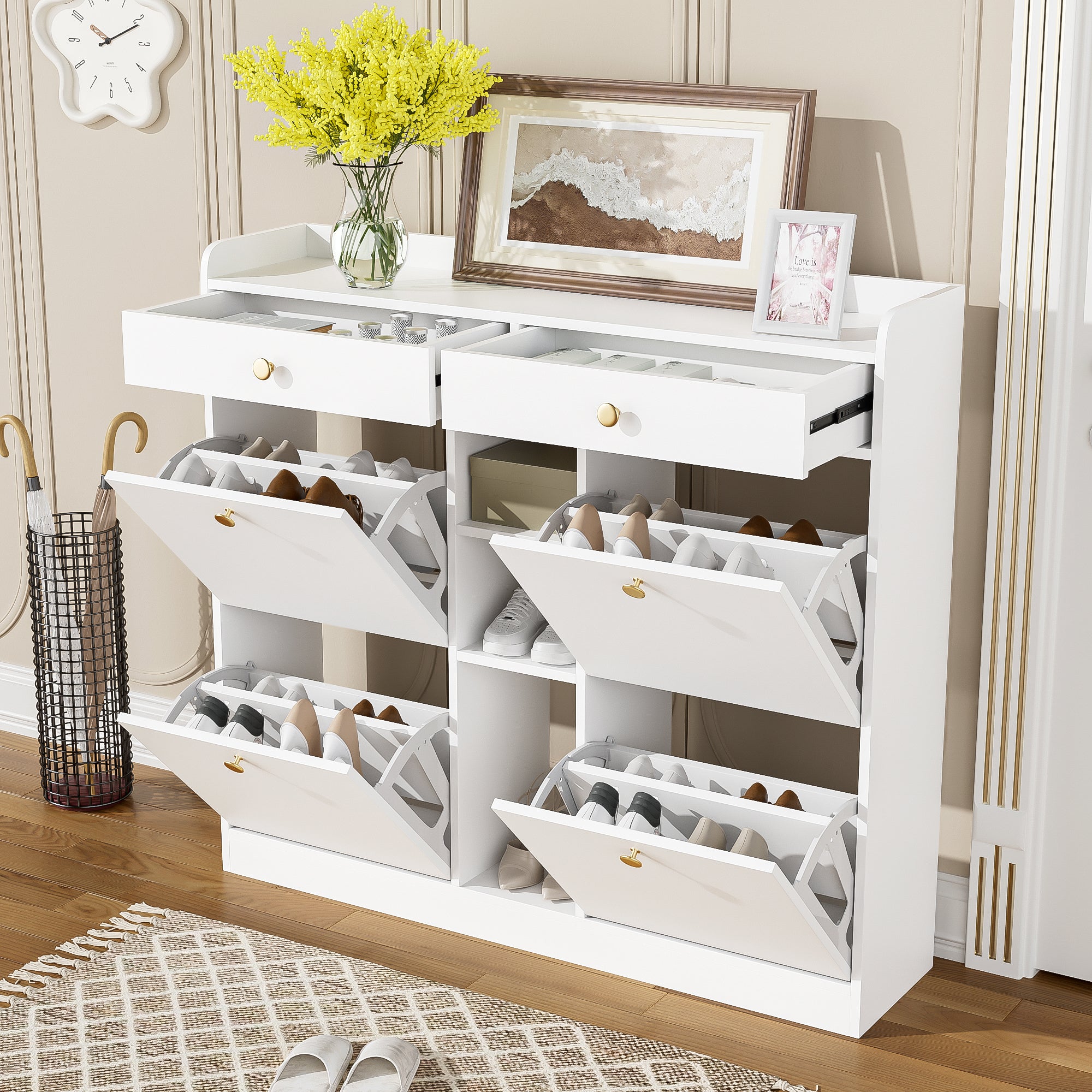 Shoe Cabinet with 4 Hinged Doors, 2 Drawers, 3 Open Compartments, White