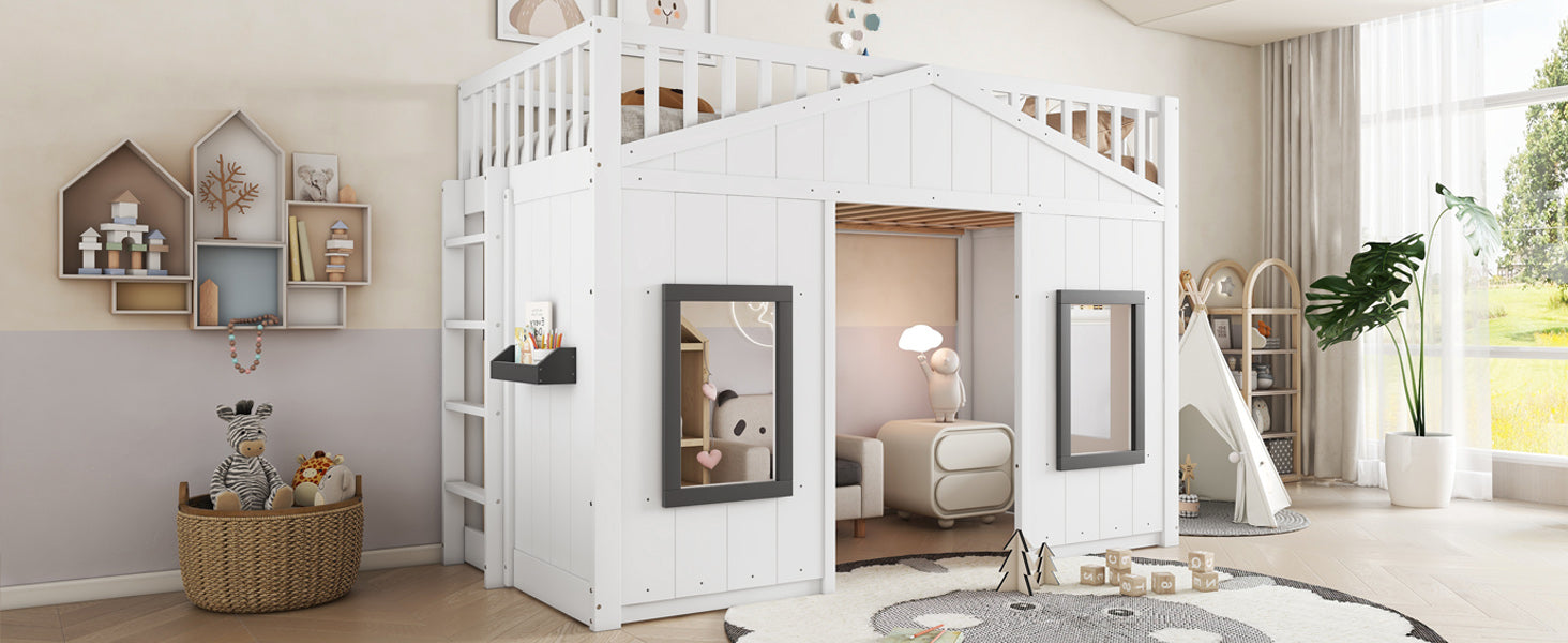 House Bunk Bed 90x200cm, Stairs Railing Window Storage, Pine+MDF White