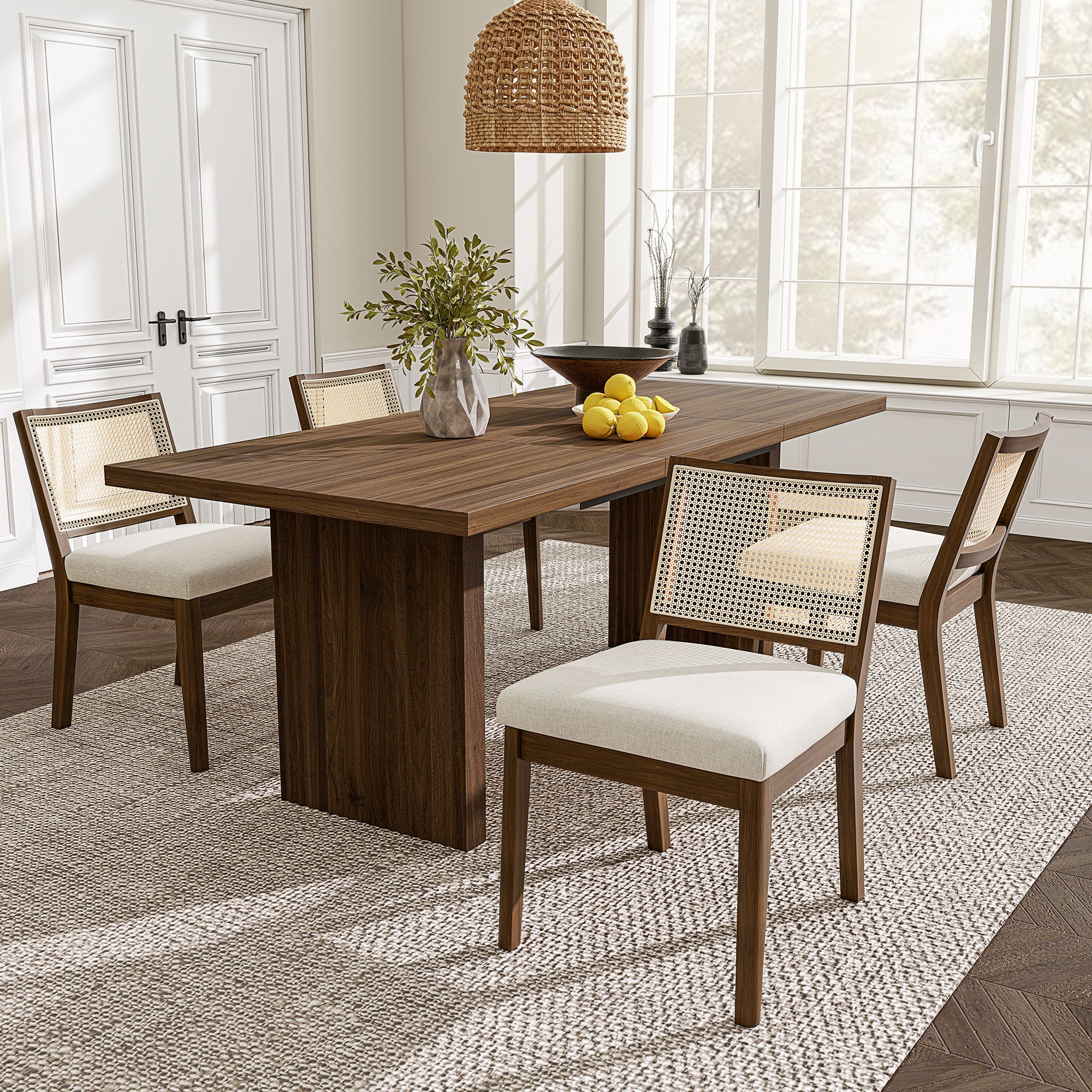 Solid Wood Dining Chairs with Rattan Backrests, Set of 2, Walnut and Linen