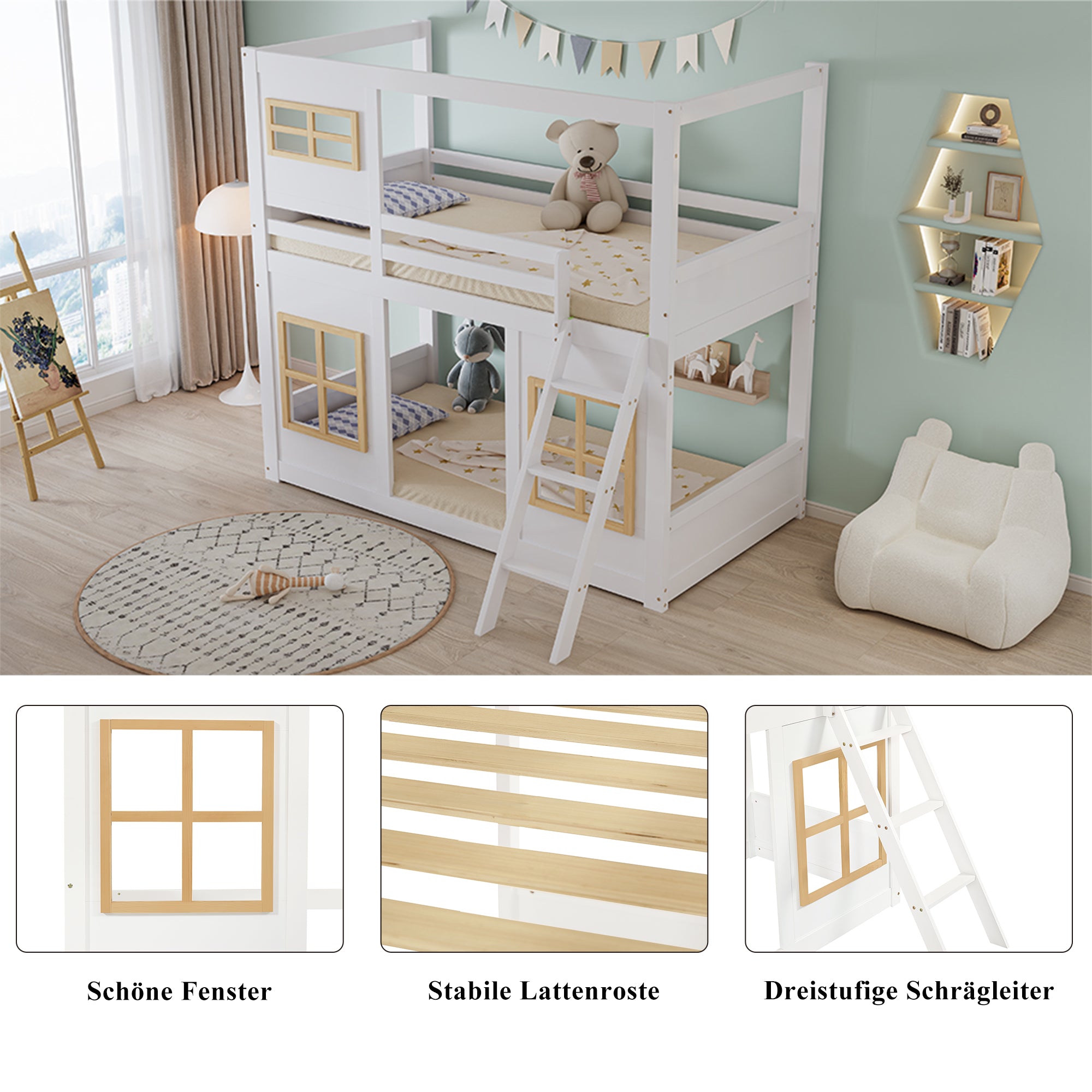 Bunk Bed, Kids with Windows, Ladder & Fencing, Pine + MDF + Plywood