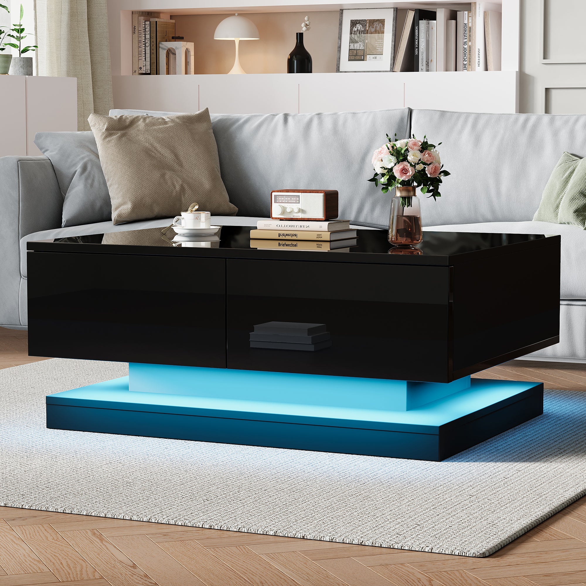 Coffee Table, High-Gloss with 2 Drawers & LED Lighting, Black