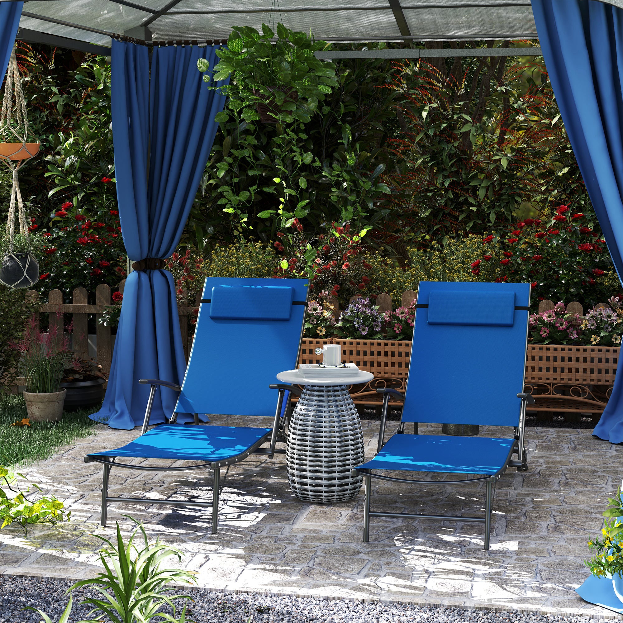 Set of Two Sun Loungers, Adjustable Back, Blue