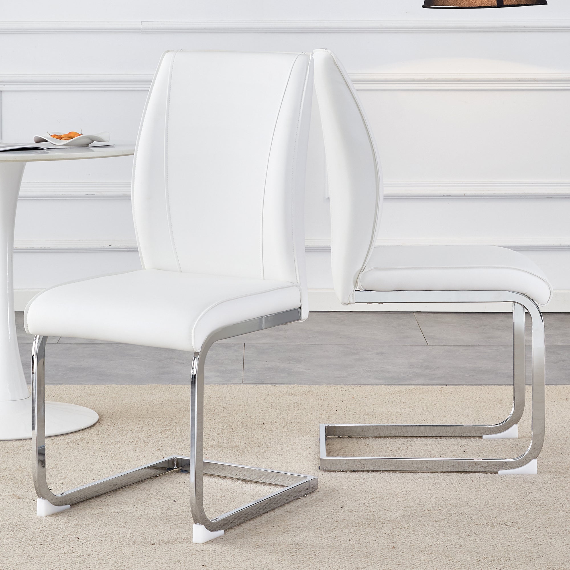 Dining Chairs Set of 2, Comfort Cushion Silver Metal Legs, White PU