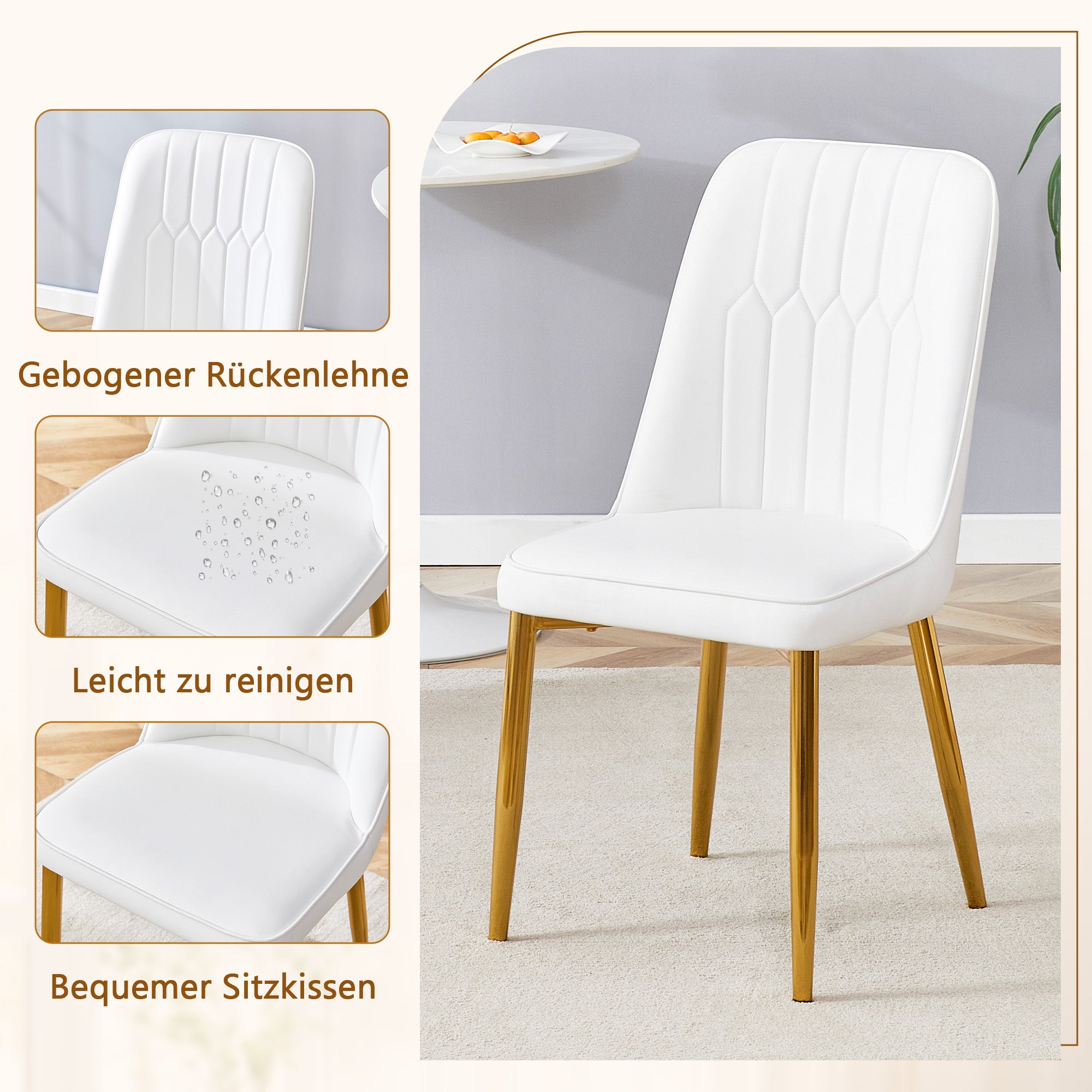 Dining Table Set, Glass Table & 4 Chairs with Gold Legs, White PU